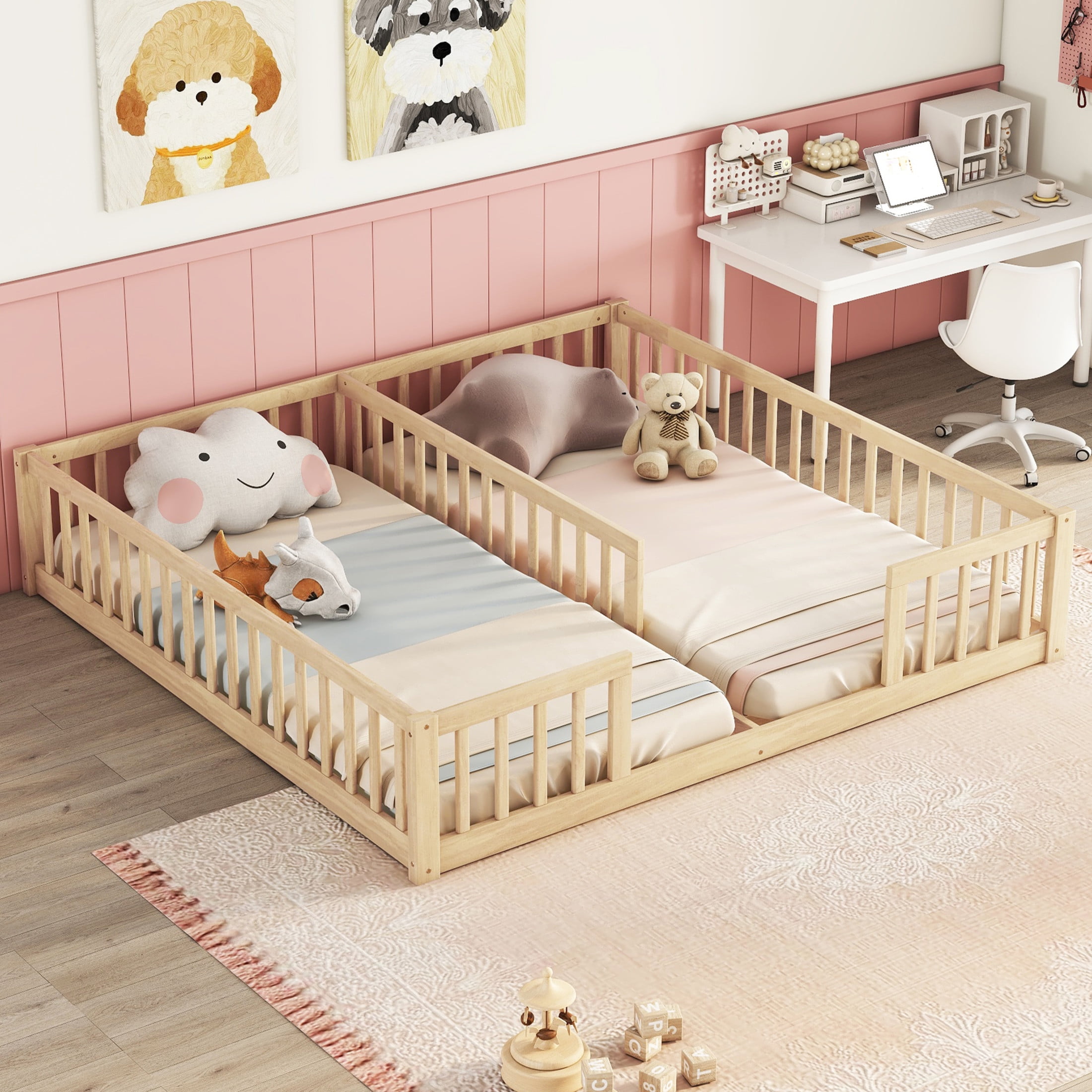 Noble House Finbar Double Twin Floor Bed with Fence Guardrails, Pine and Engineered Wood Frame for Kids, Natural