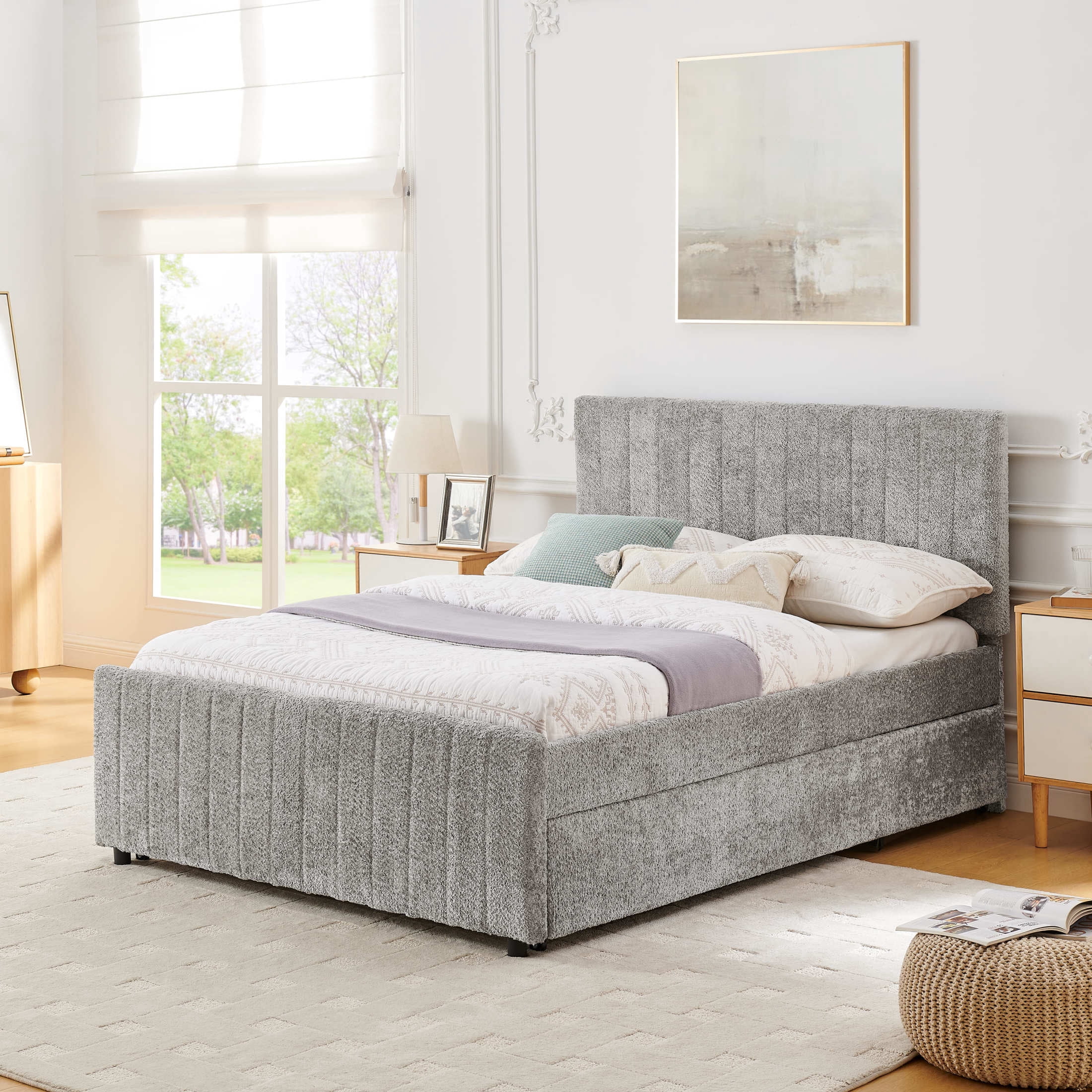 Noble House Fioren Full Size Chenille Upholstered Bed Frame, Space Saving Daybed with Hidden Trundle, Gray