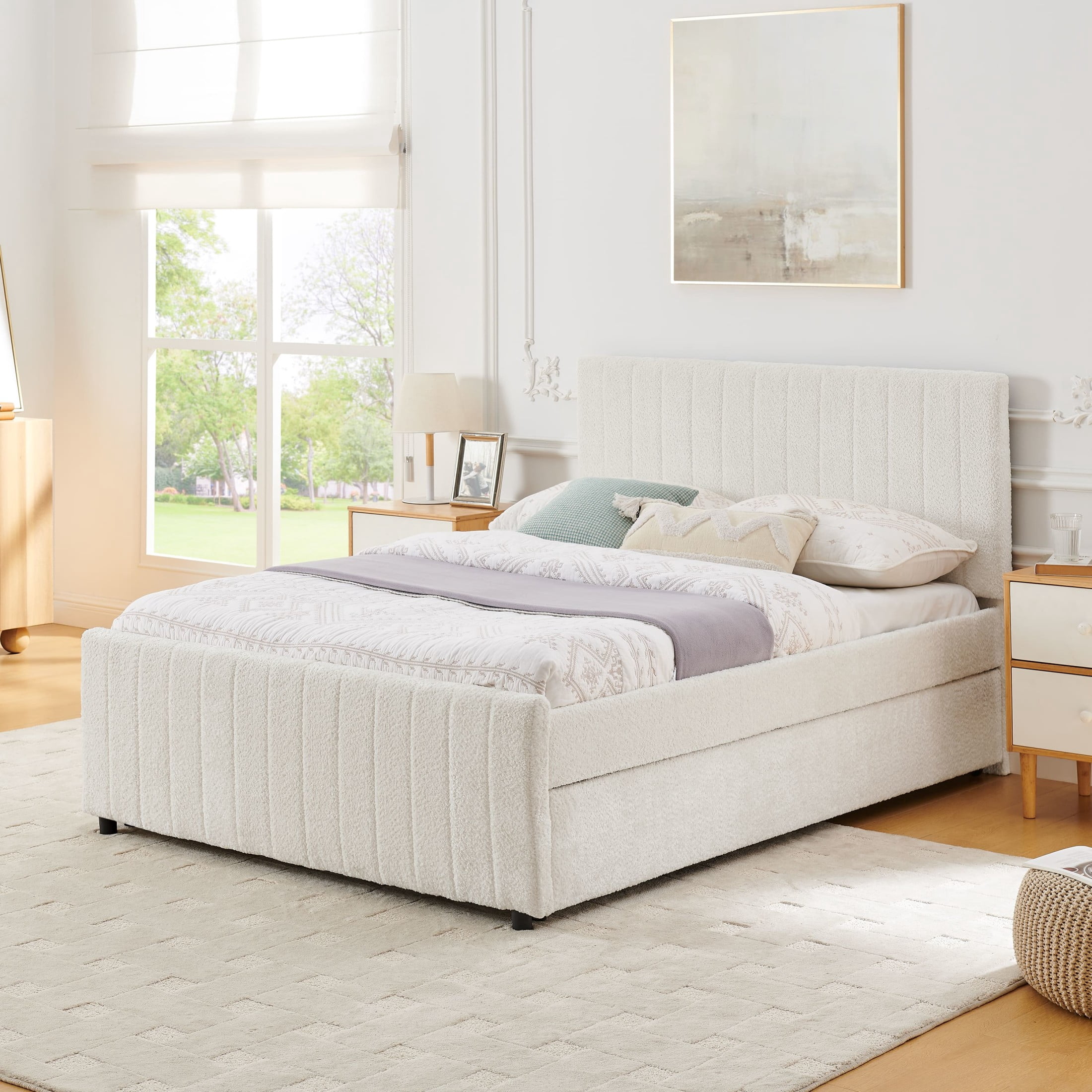 Noble House Fioren Full Size Chenille Upholstered Bed Frame, Space Saving Daybed with Hidden Trundle, Gray