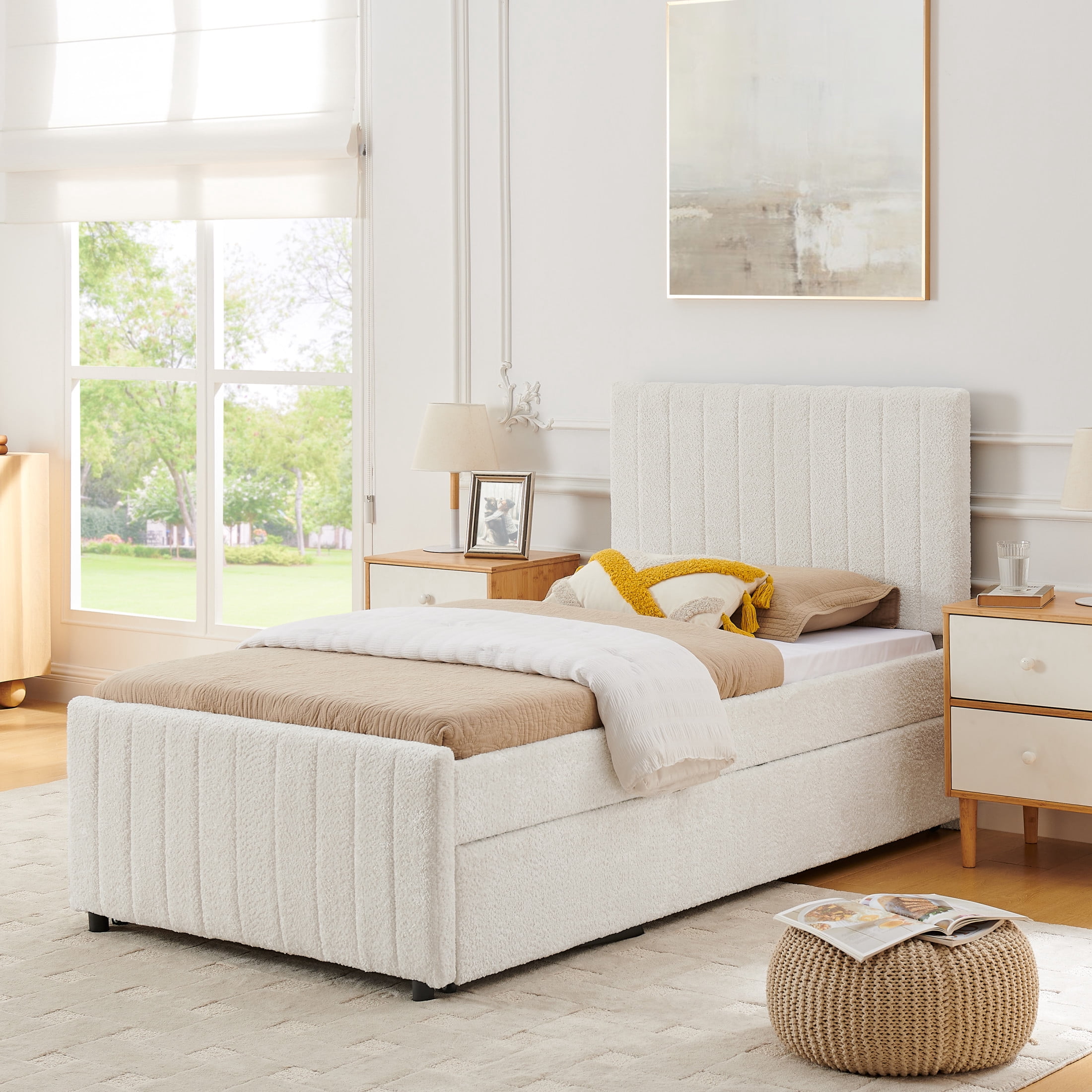 Noble House Fioren Twin Size Chenille Upholstered Bed Frame, Space Saving Daybed with Hidden Trundle, Beige