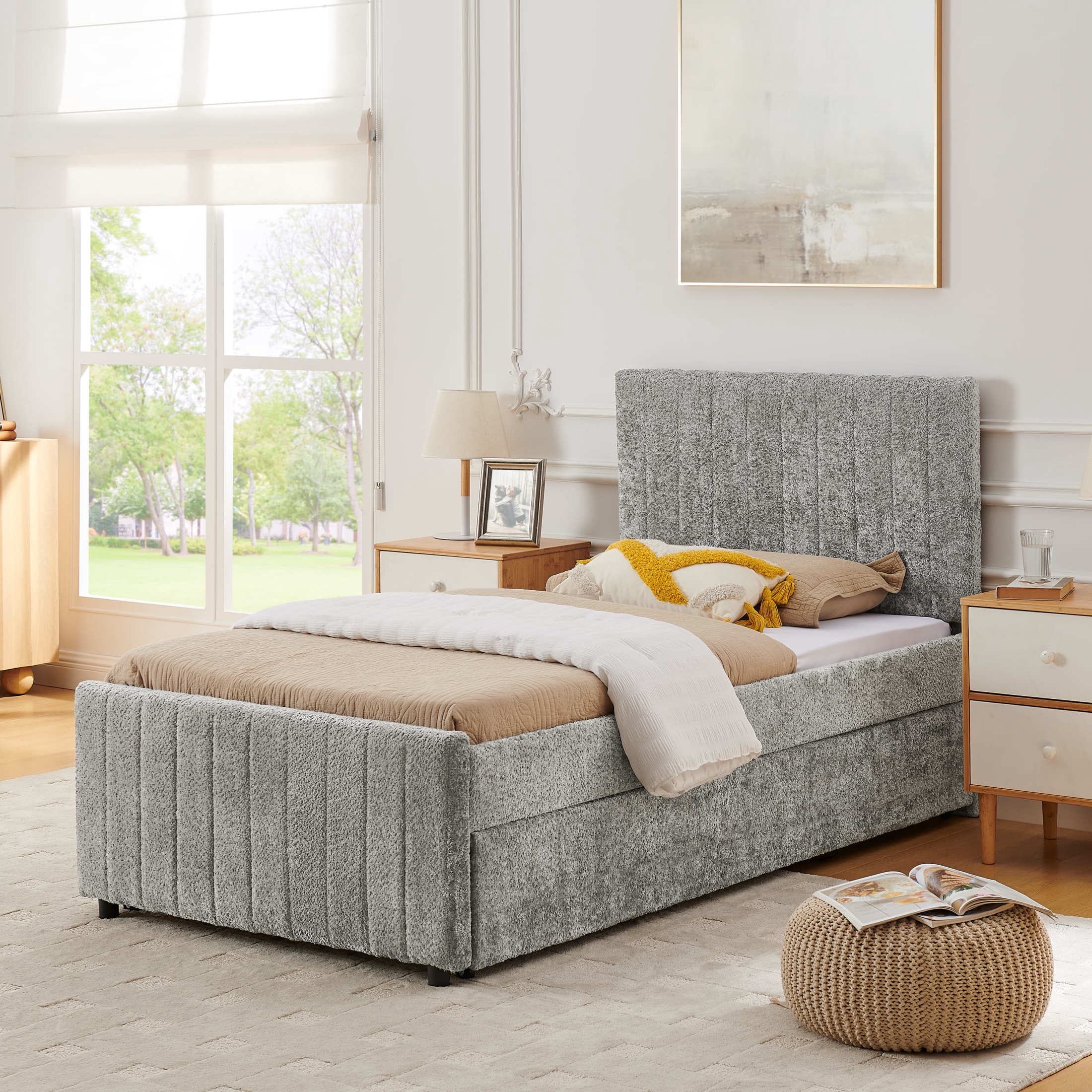 Noble House Fioren Twin Size Chenille Upholstered Bed Frame, Space Saving Daybed with Hidden Trundle, Gray