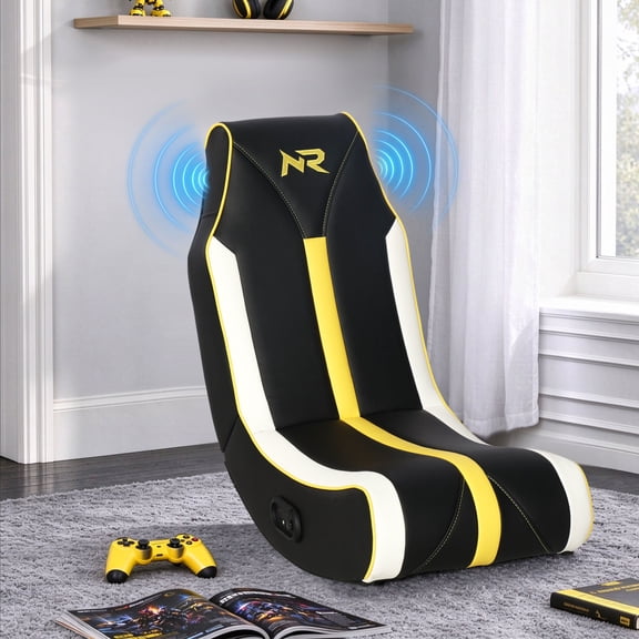 GDF Studio Floor Rocker Gaming Chair, Low-Profile Gaming Chair with Built-In 2.0 Speakers, Black, White & Yellow