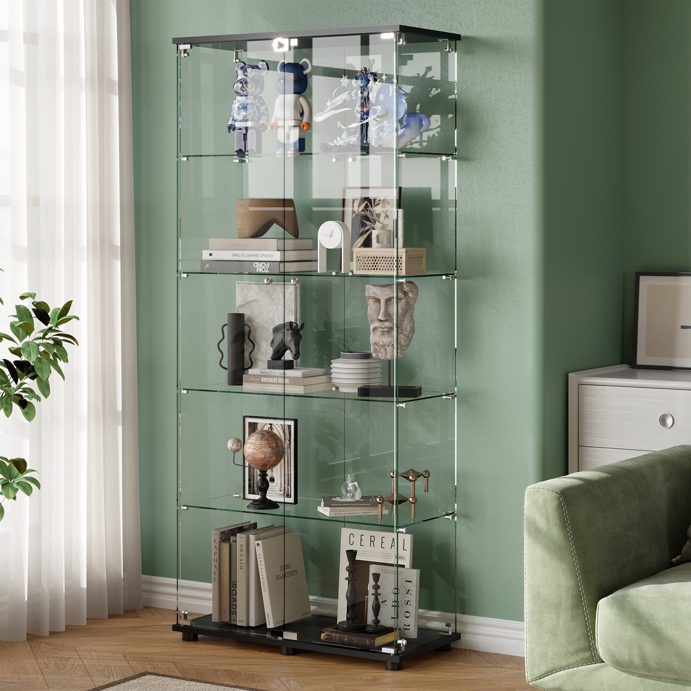 Noble House Floor Standing Display Cabinet with Locking Double Doors, 5-Shelf Tempered Glass Curio Cabinet, Black