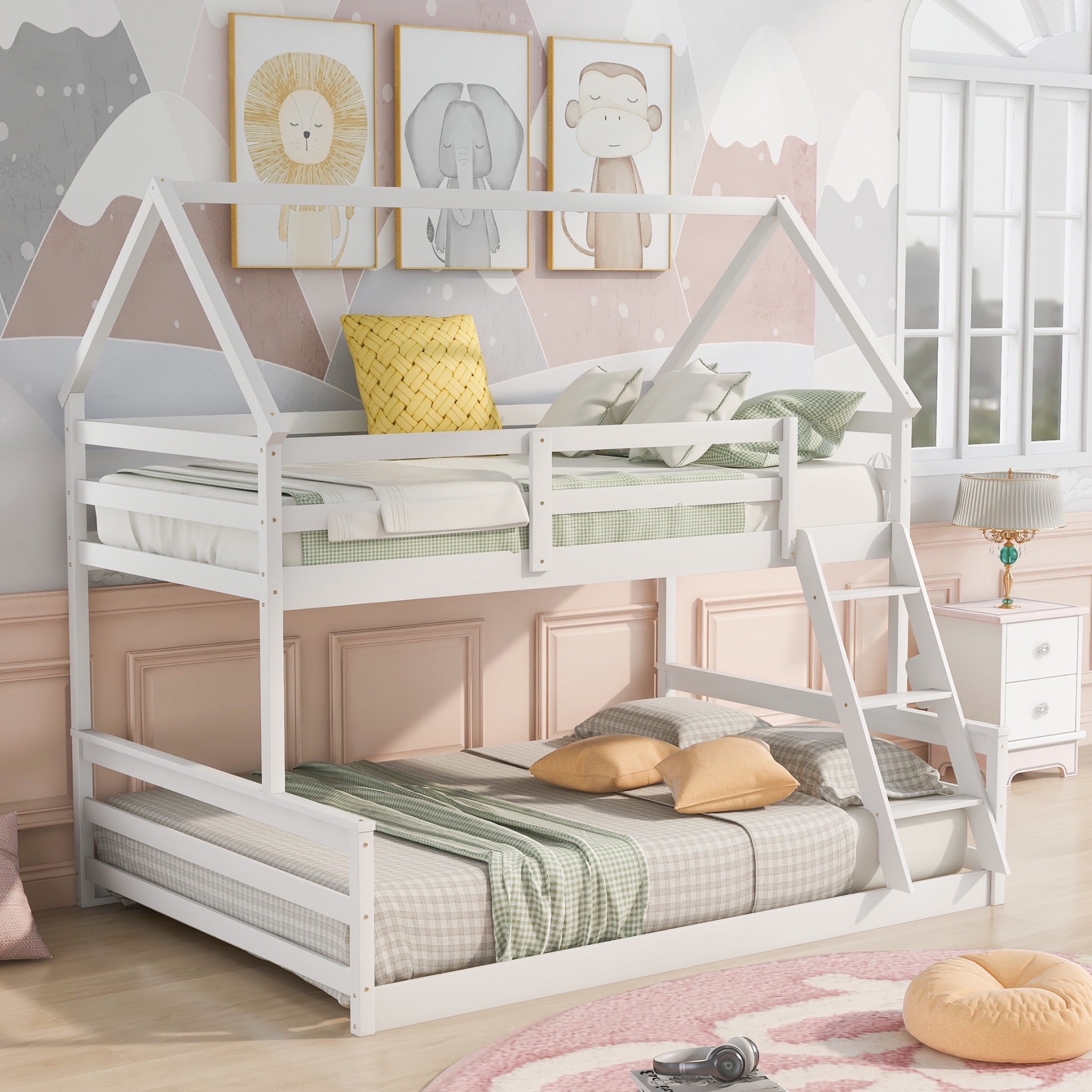 Noble House Flora Twin over Full House Bunk Bed with Ladder, Convertible 2-in-1 Design, Space Saving, White