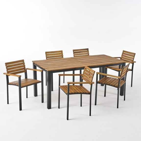 Noble House Florence 7 Piece Wood Top Patio Dining Set in Teak and Black