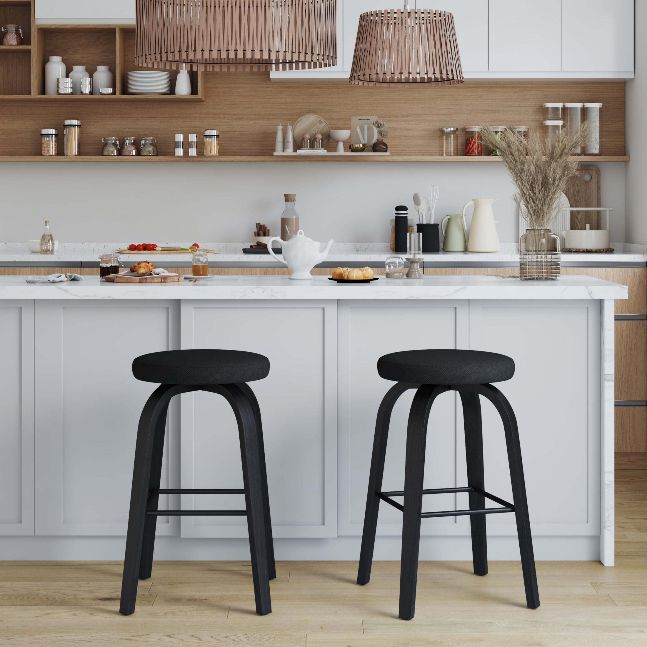 Noble House Florin 30" Swivel Backless Counter Height Bar Stools with Upholstered Seat & Bentwood Legs, Black, Set of 2