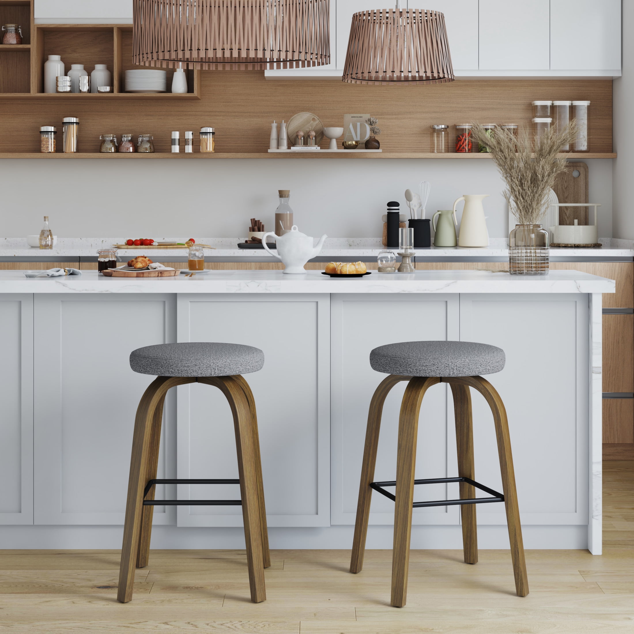 Noble House Florin 30" Swivel Backless Counter Height Bar Stools with Upholstered Seat & Bentwood Legs, Gray, Set of 2