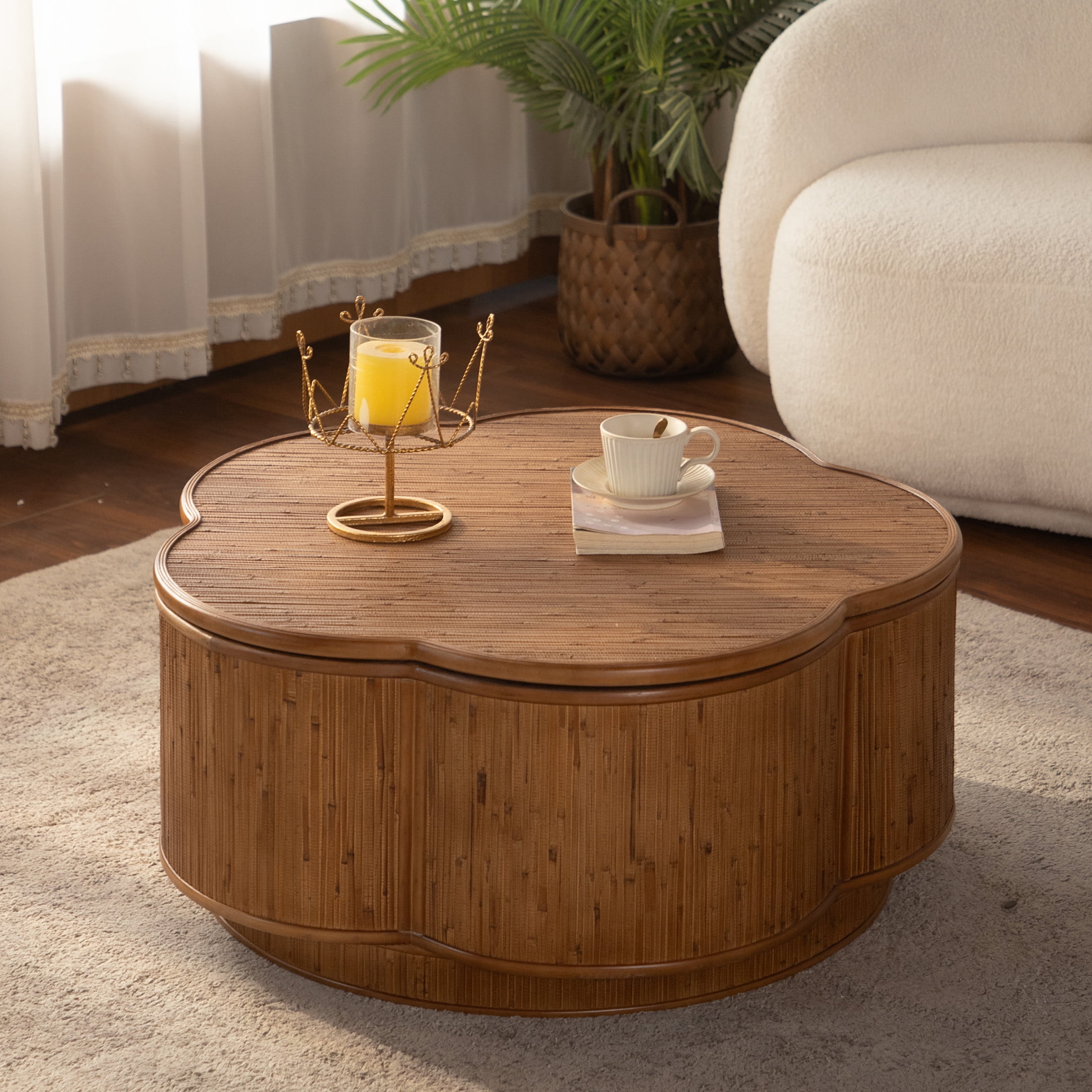 Noble House Flower Rattan Coffee Table with Lift-Off Lid Storage, Boho-Chic Petal Design, for Living Room, Natural Wood