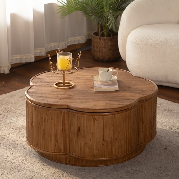 Noble House Flower Rattan Coffee Table with Lift-Off Lid Storage, Boho-Chic Petal Design, for Living Room, Natural Wood
