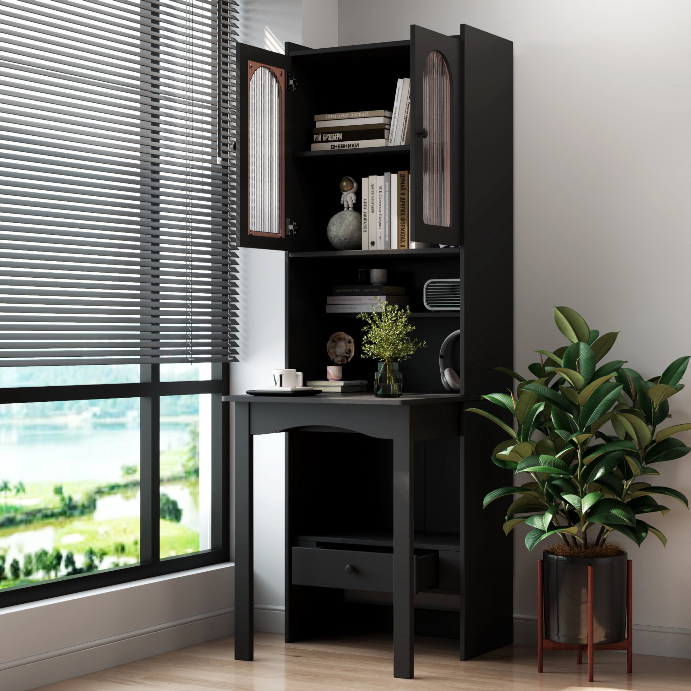 Noble House Fold-Out Convertible Writing Desk, Tall Storage Cabinet with Shelf & Drawer for Home Office, Black