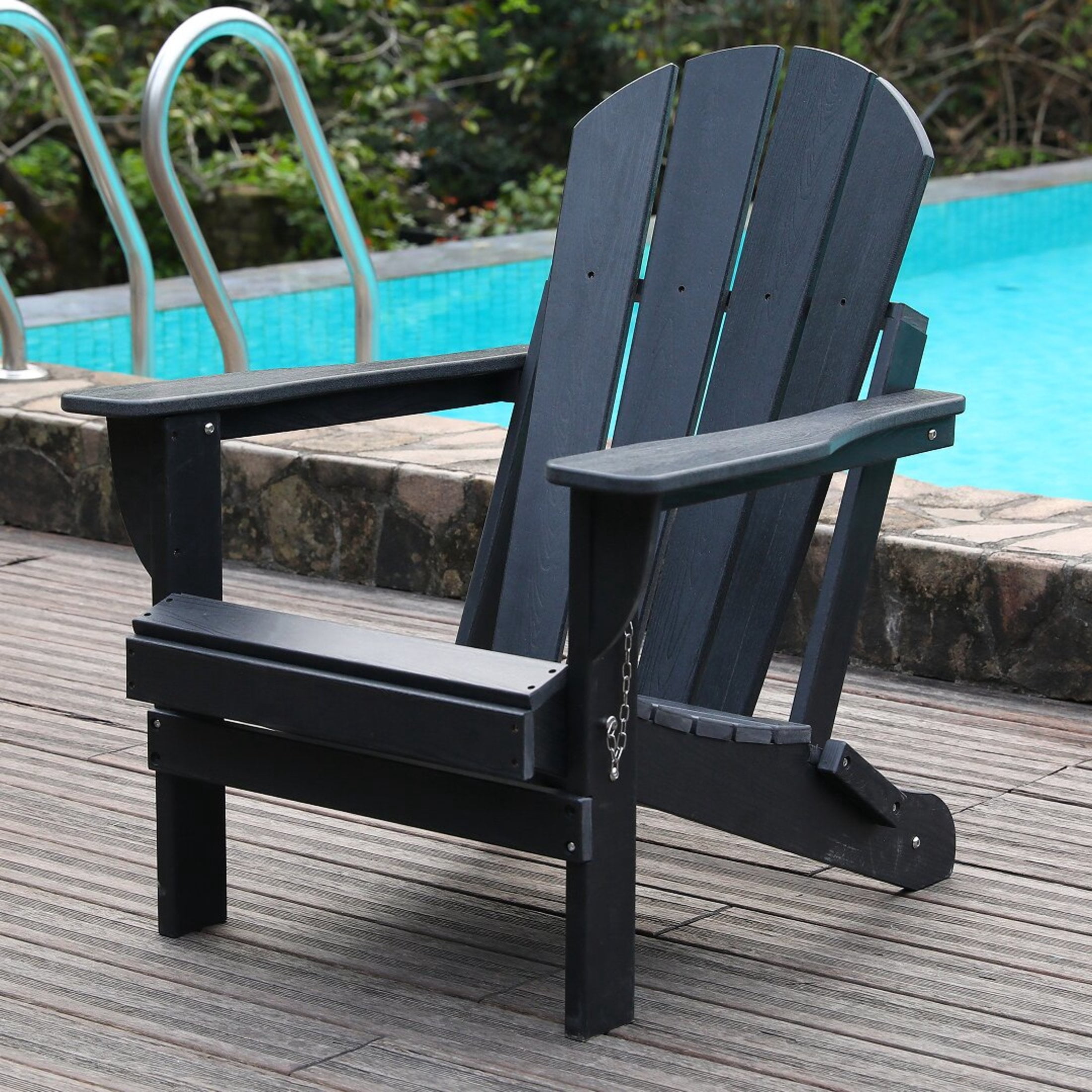 Noble House Folding Outdoor Adirondack Chair with Dual Cup Holders, All-Weather Patio Chair for Backyard, Black