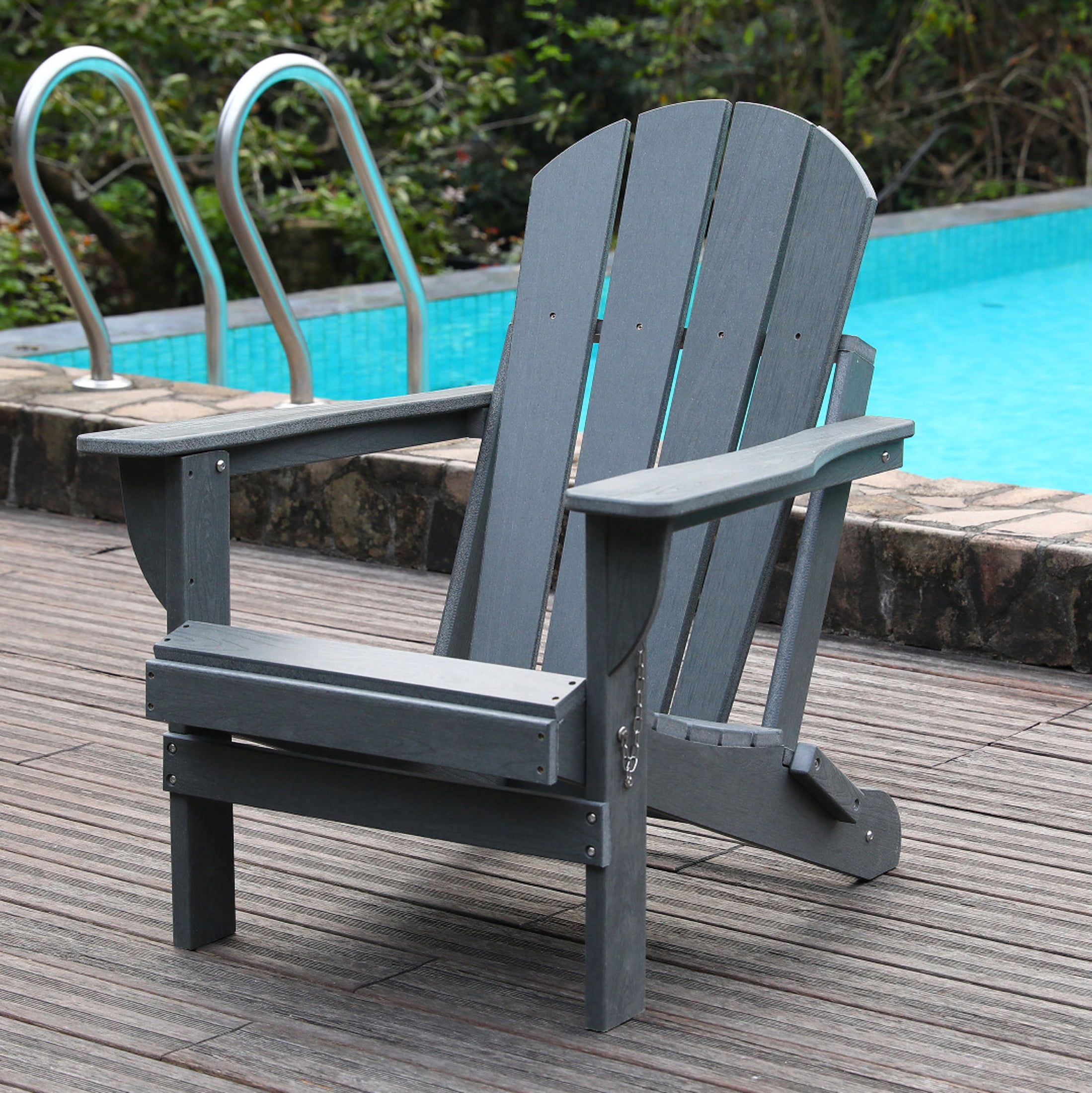 Noble House Folding Outdoor Adirondack Chair with Dual Cup Holders, All-Weather Patio Chair for Backyard, Gray