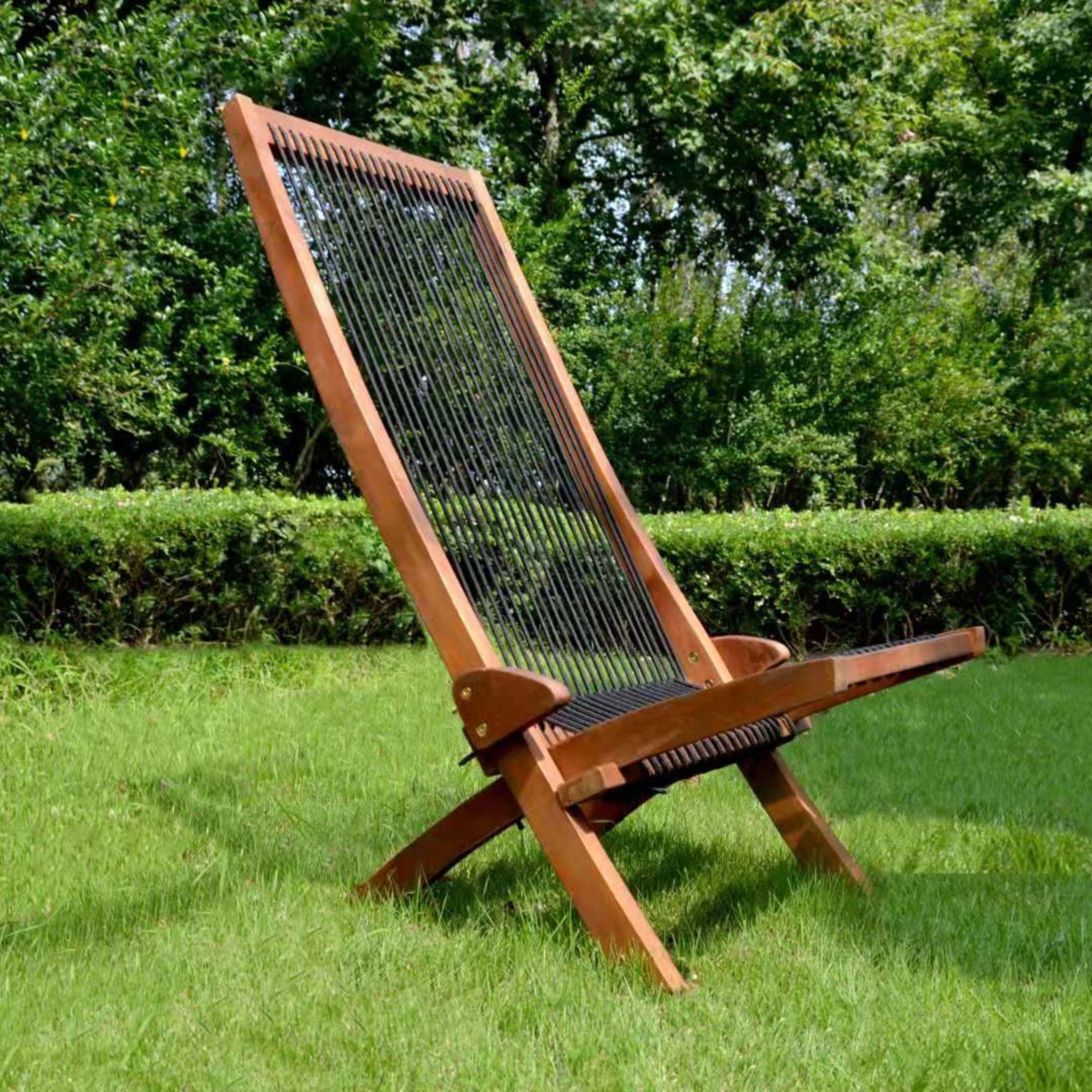 Noble House Folding Rope Wood Chair with Ergonomic Backrest, Natural + Black