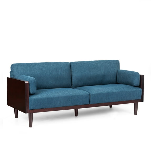 Noble House Forgey Upholstered 3 Seater Sofa, Navy Blue, Dark Walnut