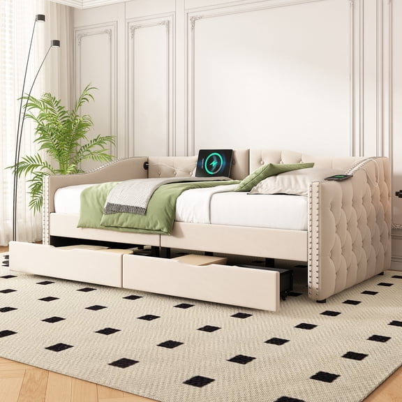Noble House Foster 71" Twin Upholstered Daybed, Linen Button Tufted Sofa Bed with 2 Storage Drawers & USB, Beige