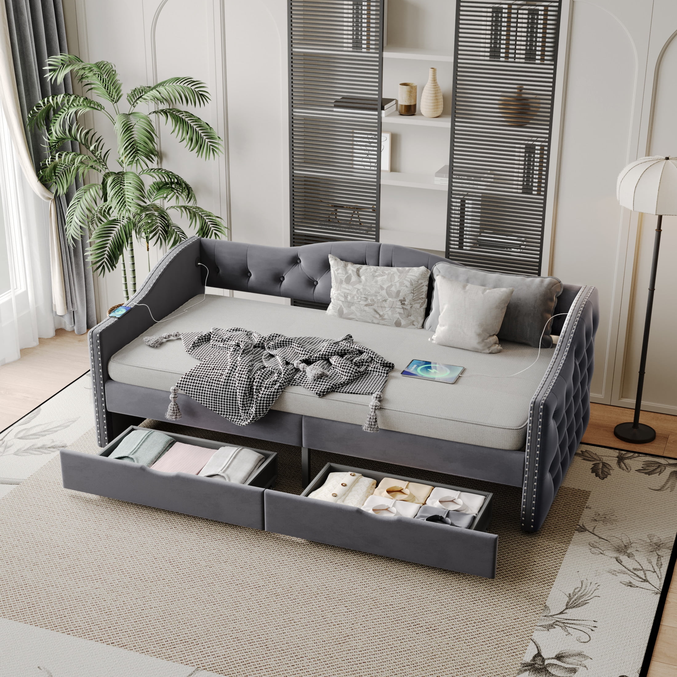 Noble House Foster 71" Twin Upholstered Daybed, Linen Button Tufted Sofa Bed with 2 Storage Drawers & USB, Gray