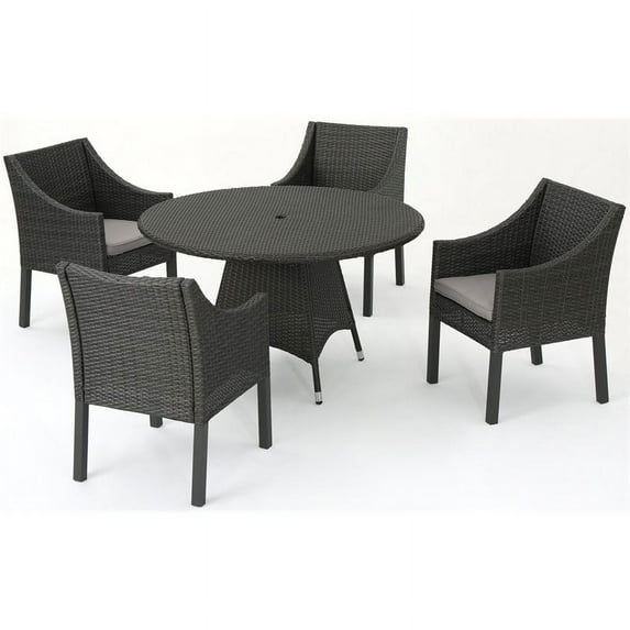 Noble House Franco Outdoor 5-Pc Grey Wicker Round Dining Set w/Silver Cushions