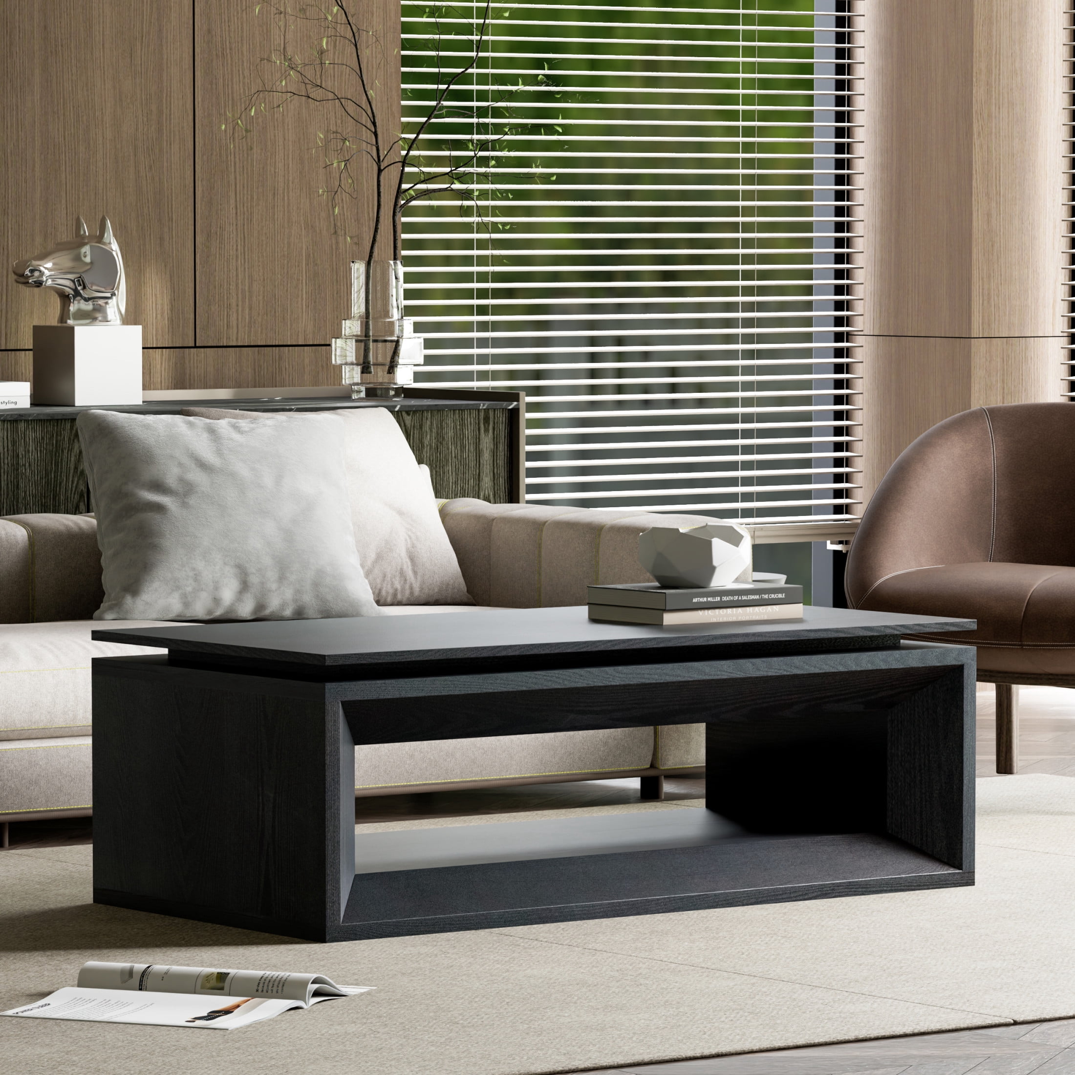 Noble House Fraser 43.3" Modern Lift-Top Coffee Table with Hidden Storage, Adjustable Height for Living Room, Black