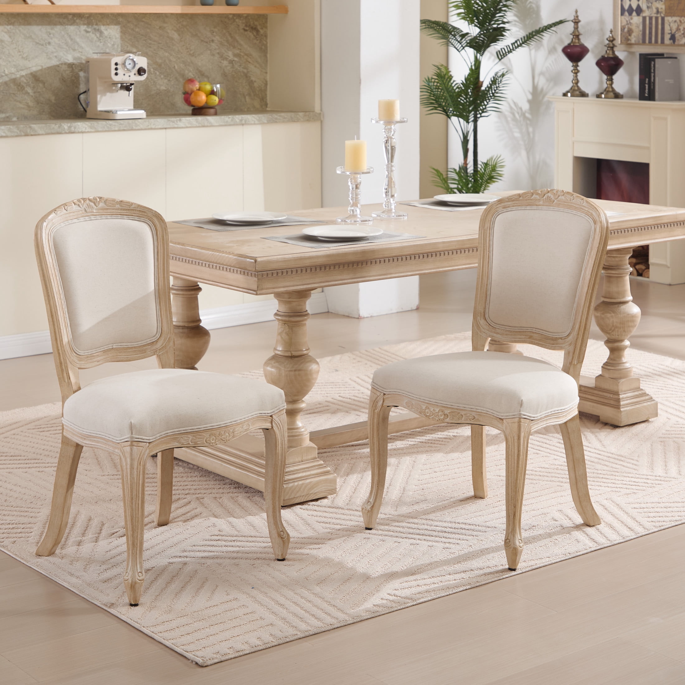 Noble House French Country Dining Chairs with Cushion Back and Carved Wood Frame for Living Room, Beige, Set of 2