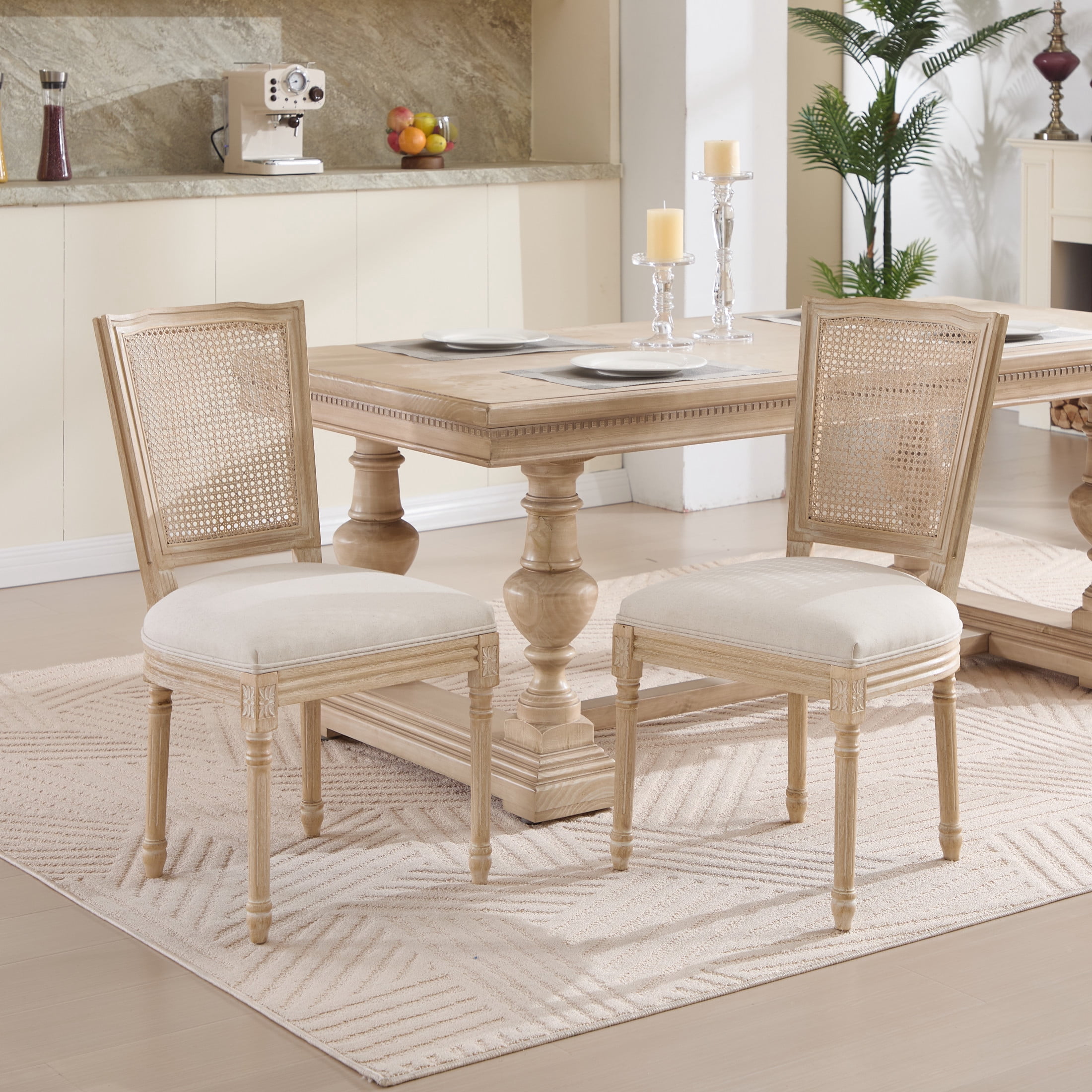Noble House French Country Dining Chairs with Natural Rattan Back and Carved Wood Legs, for Living Room, Beige, Set of 2