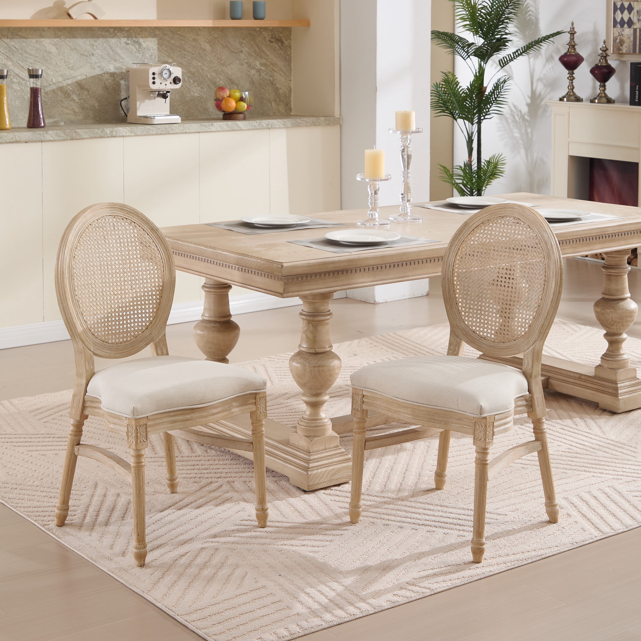 Noble House French Country Stackable Dining Chairs with Natural Rattan Back and Carved Wood Legs, Beige, Set of 2
