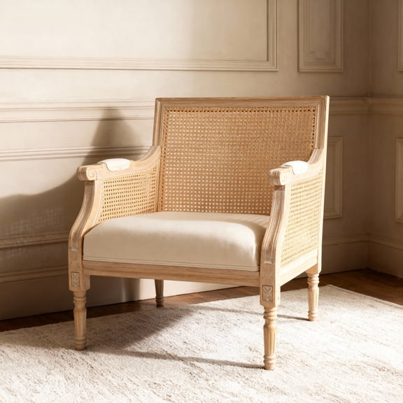 Noble House French Country Upholstered Accent Armchair with Vintage Rattan Back and Solid Rubber Wood Frame, Beige