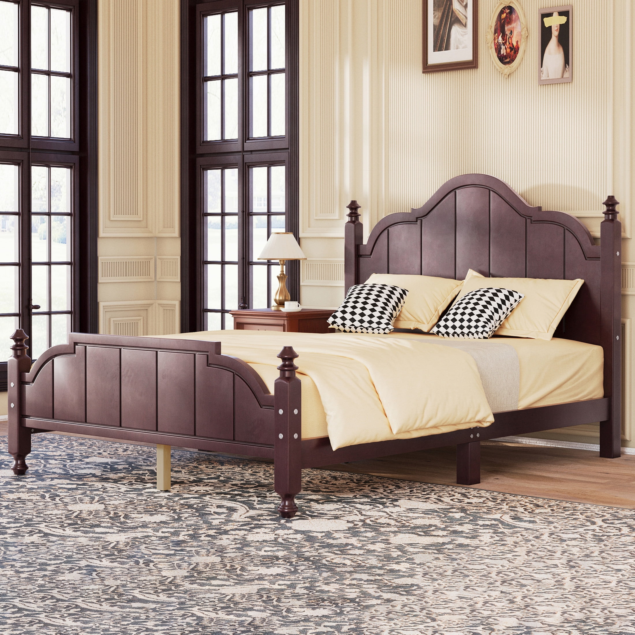 Noble House Full Bed Frame with Headboard, Vintage Wooden Platform Bed with Slat Support, Espresso