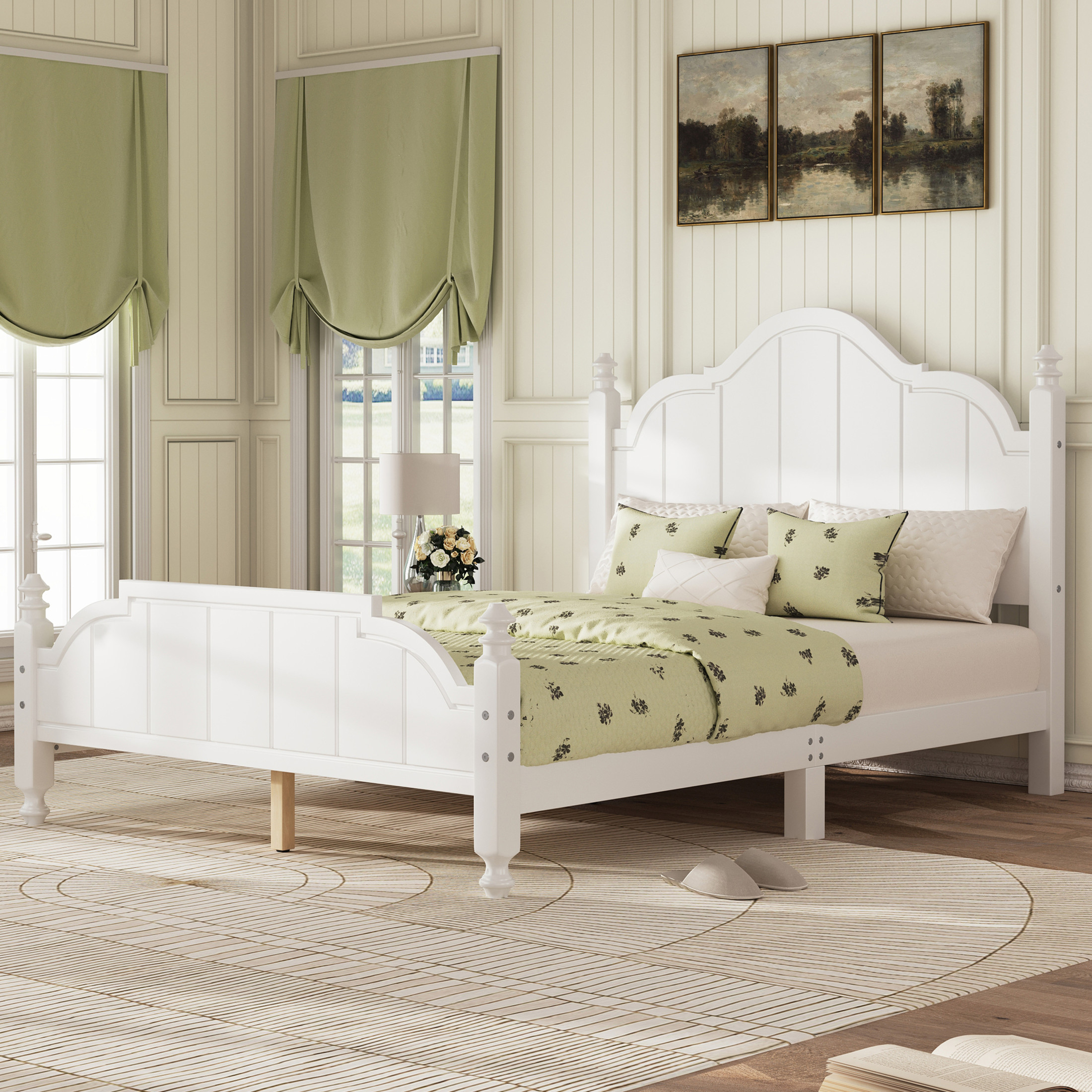 Noble House Full Bed Frame with Headboard, Vintage Wooden Platform Bed with Slat Support, White