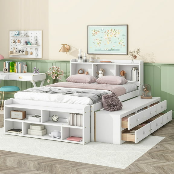 Noble House Full Bed with Bookcase Headboard, 6 Storage Drawers and Bed-End Storage, Pine Wood Frame, White