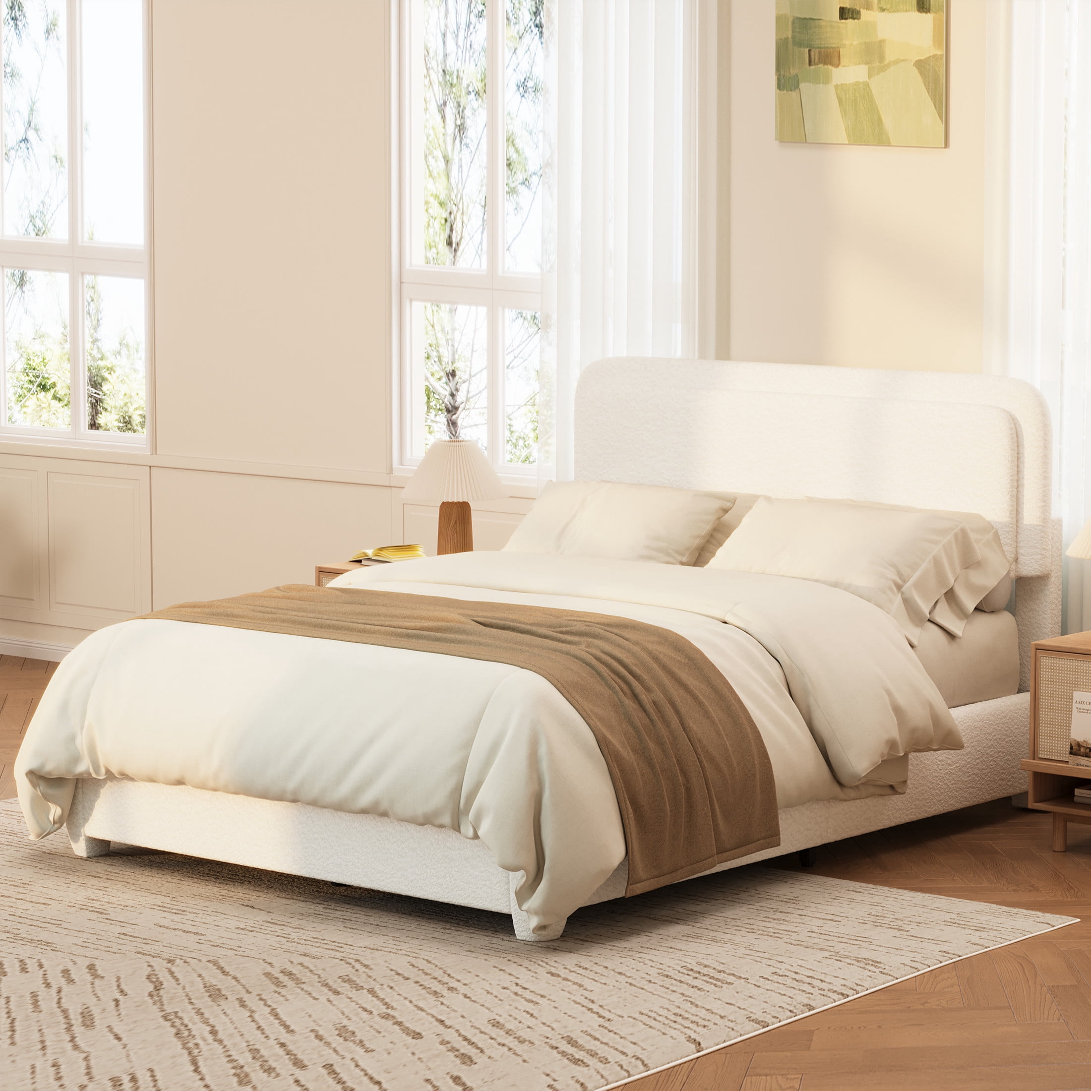 Noble House Full Boucle Platform Bed with Adjustable Headboard, Low Profile, White