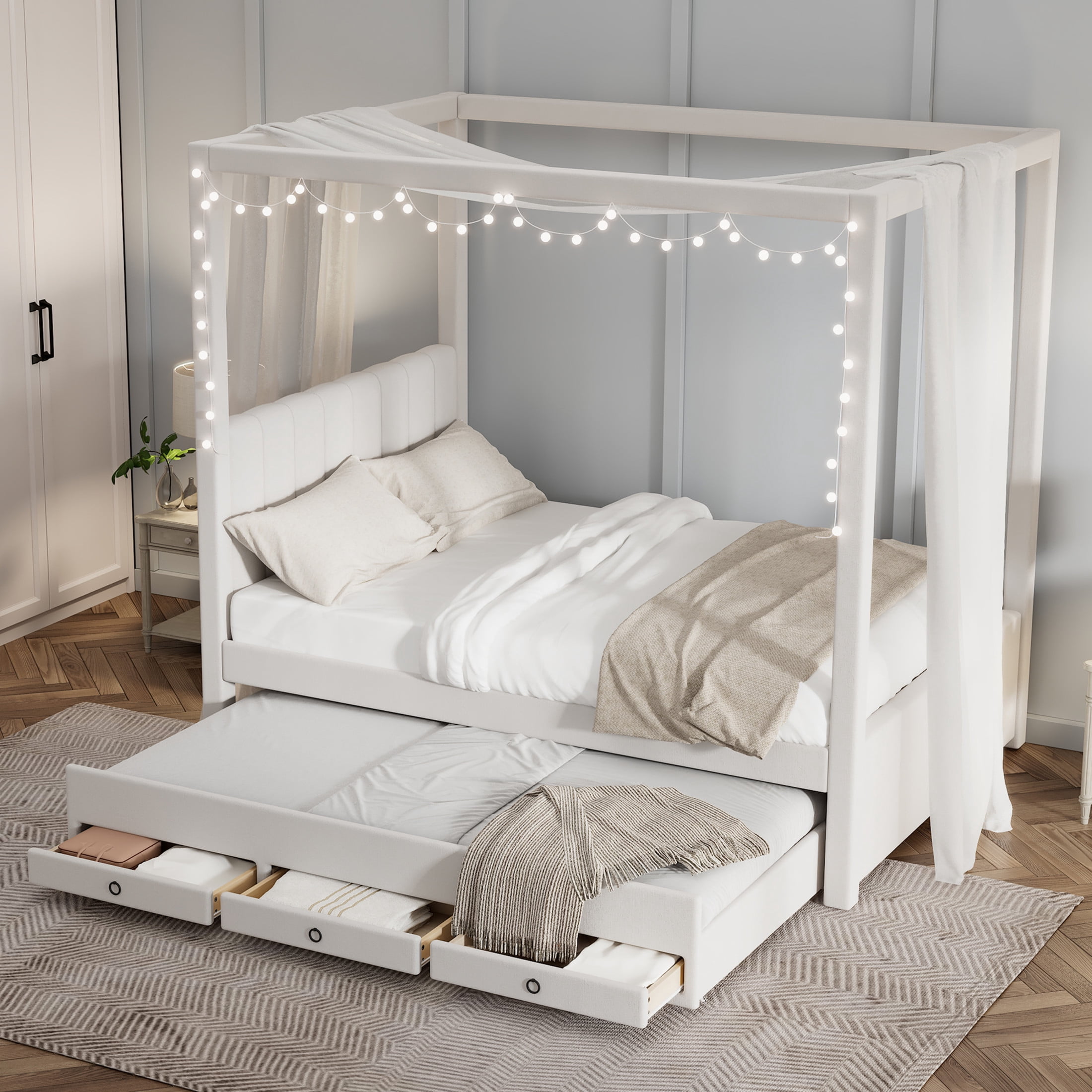Noble House Full Canopy Platform Bed, Linen Upholstered Frame with Trundle and Storage Drawers, Beige