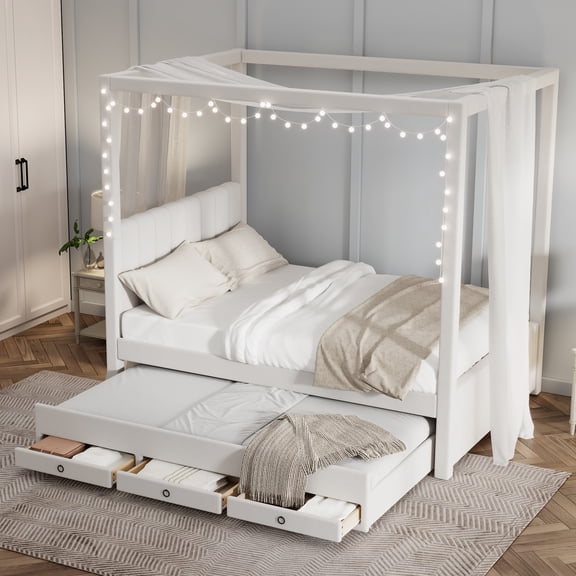 Noble House Full Canopy Platform Bed, Linen Upholstered Frame with Trundle and Storage Drawers, Beige