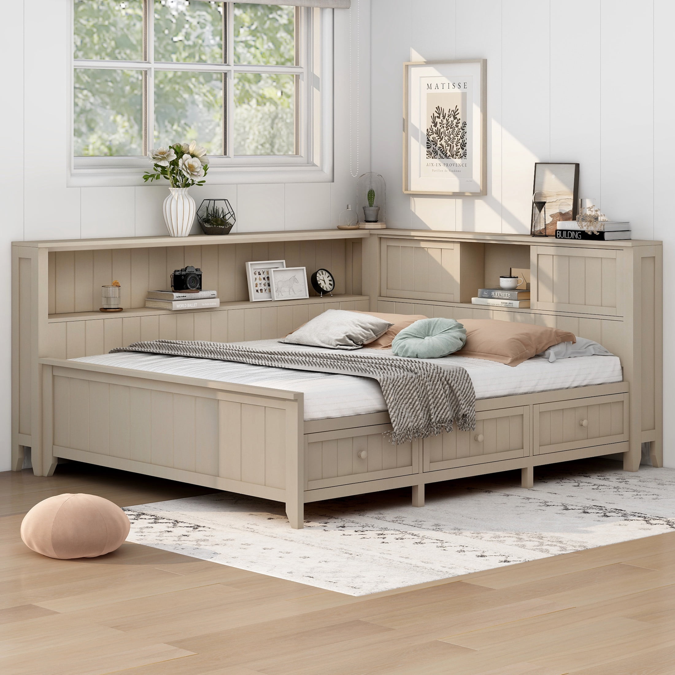 Noble House Full Daybed with Storage Drawers and Shelves, Wood Guest Bed Frame with Sliding Doors, Antique White