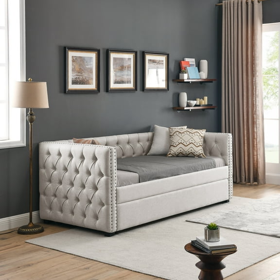 Noble House Full Daybed with Twin Trundle, Upholstered Tufted Sofa Bed with Button Trim and Nailhead Accents, Beige