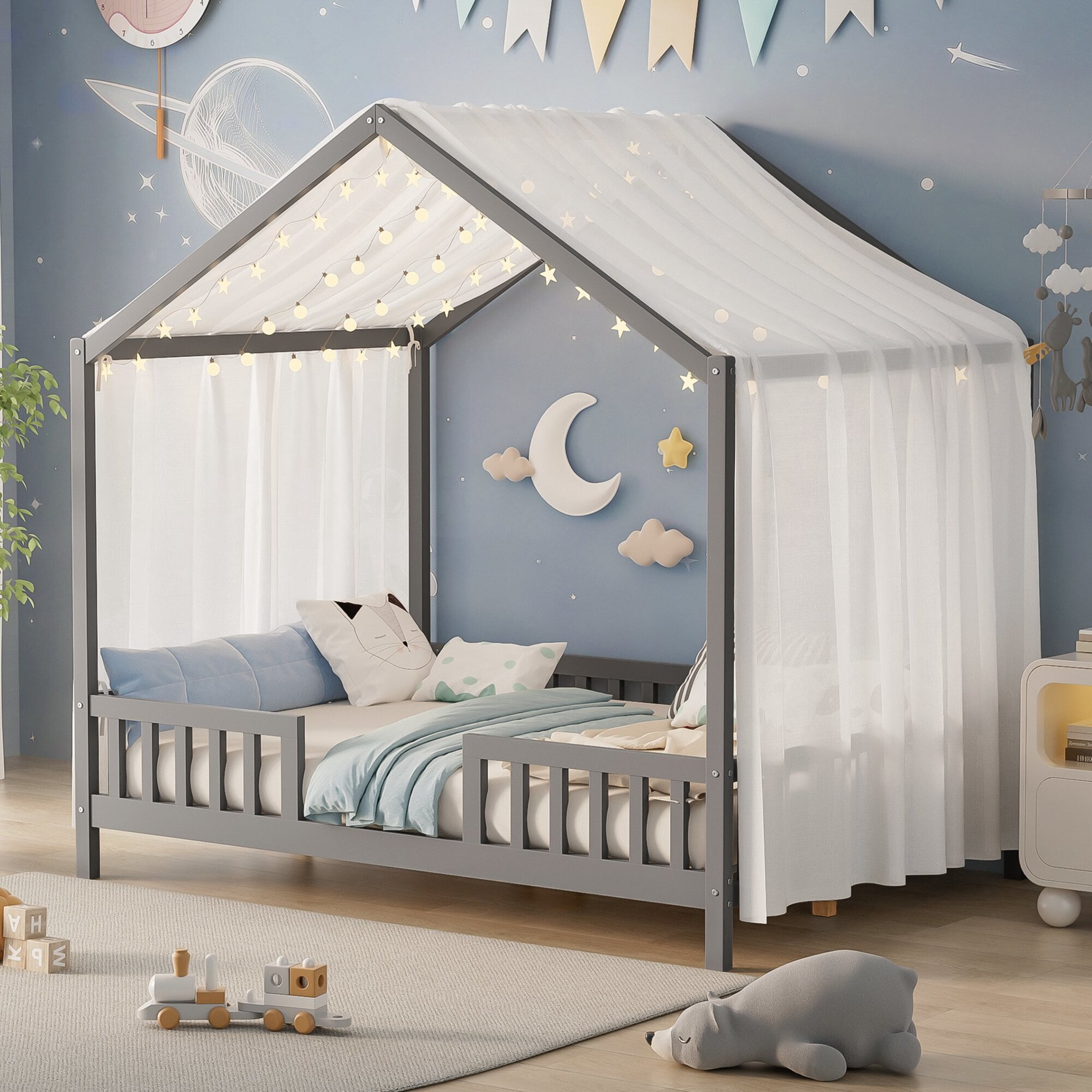 Noble House Full Floor Bed with Canopy and Guardrails, Wood House Bed Frame for Kids, Gray