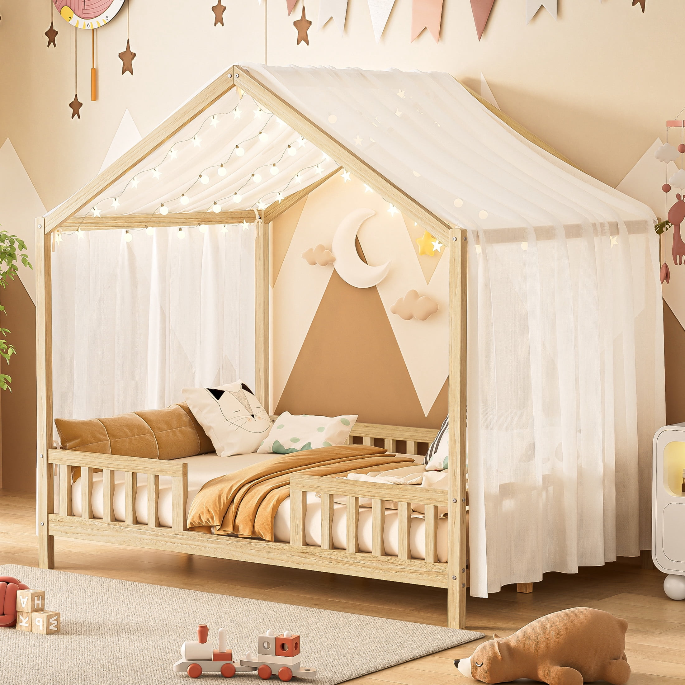 Noble House Full Floor Bed with Canopy and Guardrails, Wood House Bed Frame for Kids, Natural