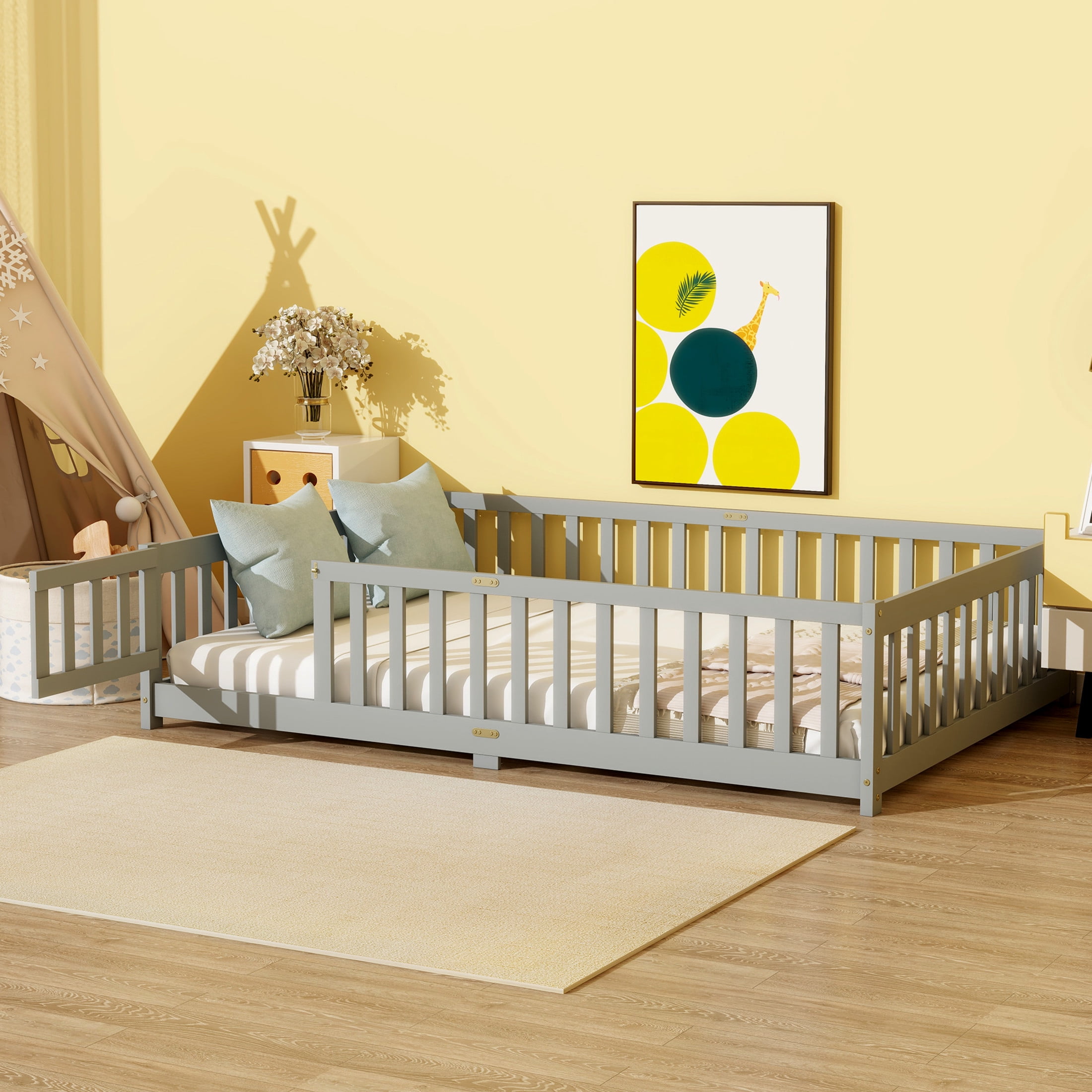 Noble House Full Floor Bed with Safety Guardrails and Door, Rubber Wood Montessori Bed, Kid's Room, Gray