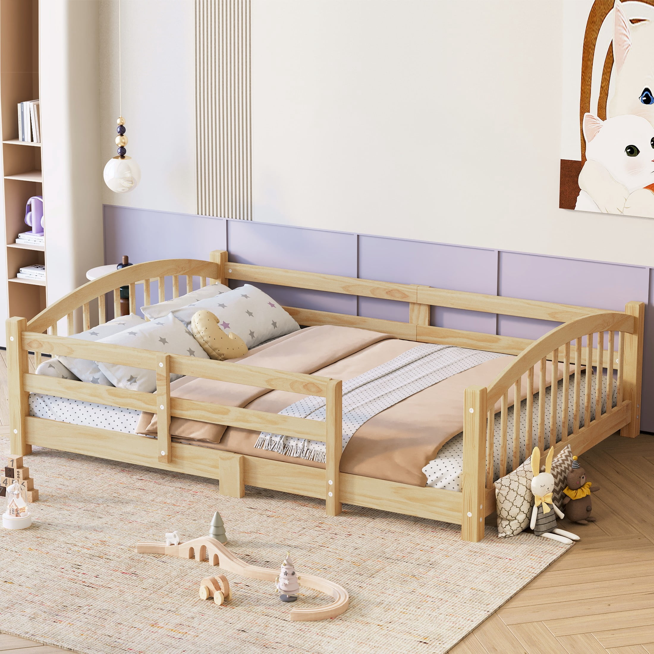 Noble House Full Floor Bed with Slats, Safety Guardrails, Solid Wood Frame, Natural