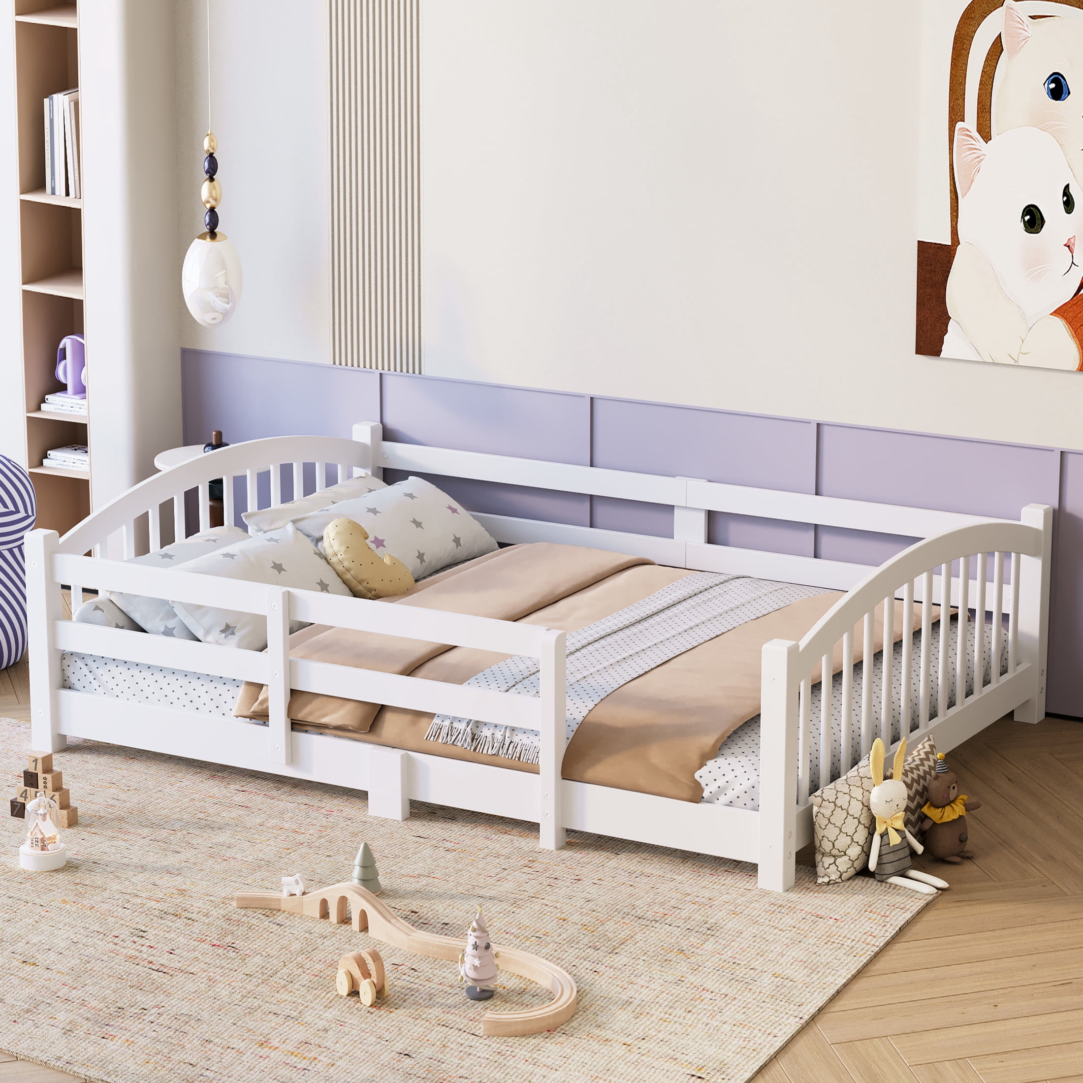 Noble House Full Floor Bed with Slats, Safety Guardrails, Solid Wood Frame, White