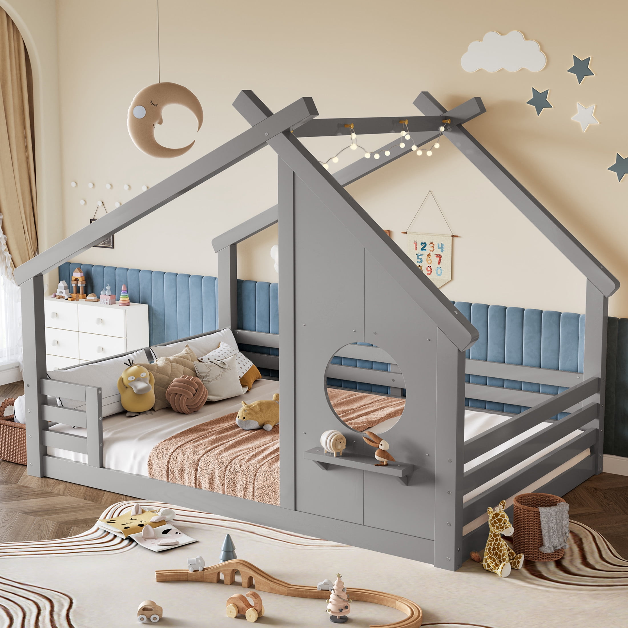 Noble House Full House Floor Bed with Small Shelf, Montessori Kids Bed Frame, Gray