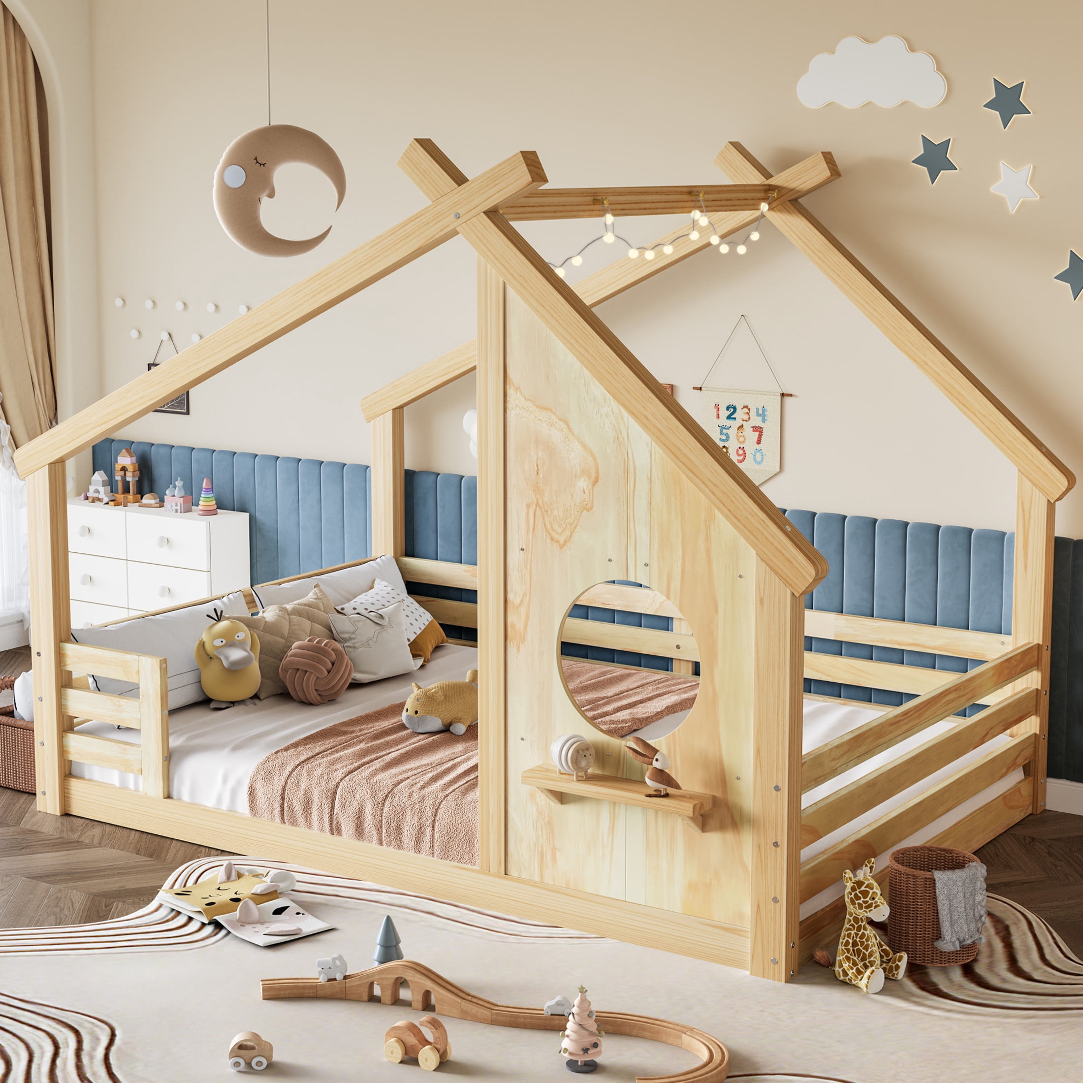 Noble House Full House Floor Bed with Small Shelf, Montessori Kids Bed Frame, Natural