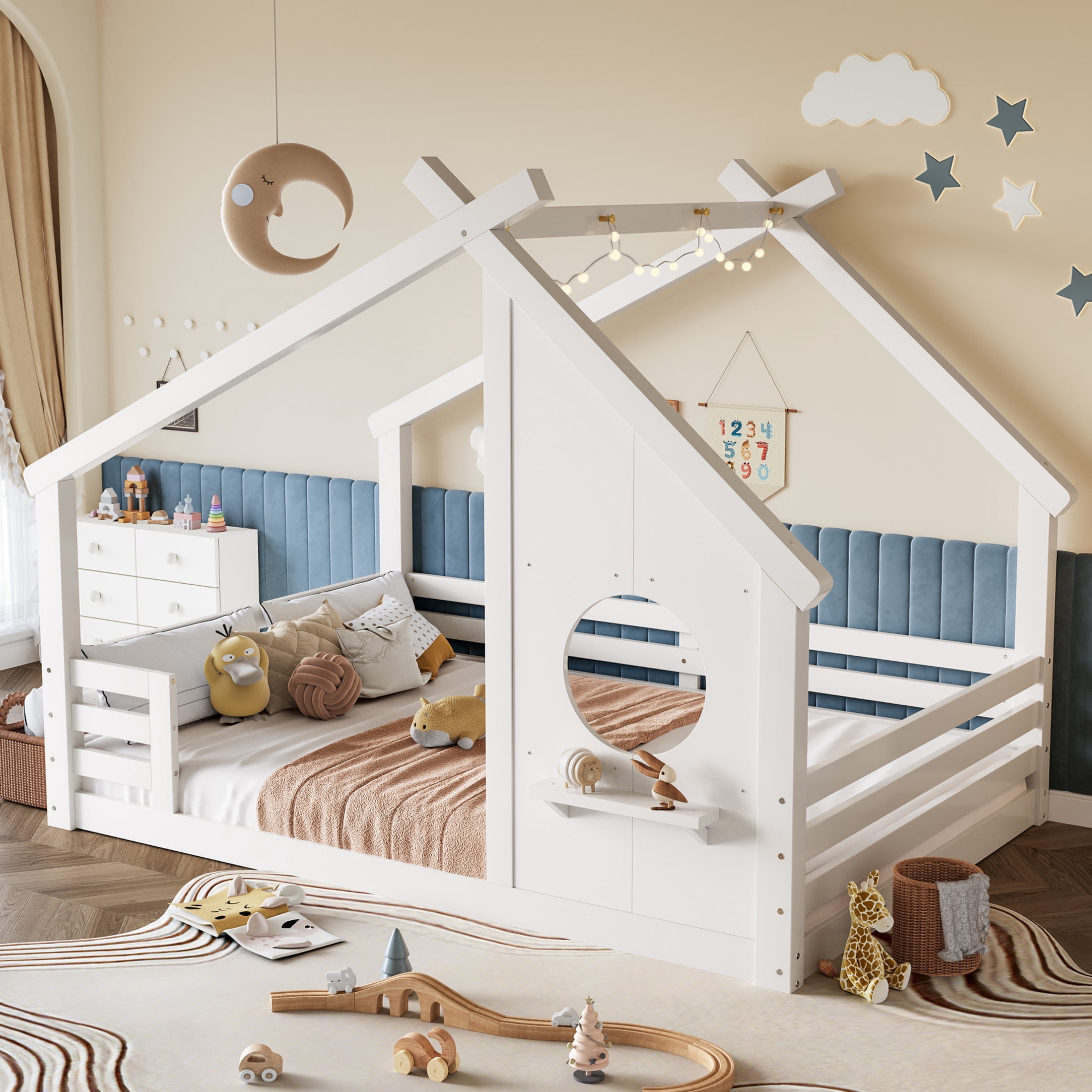 Noble House Full House Floor Bed with Small Shelf, Montessori Kids Bed Frame, White