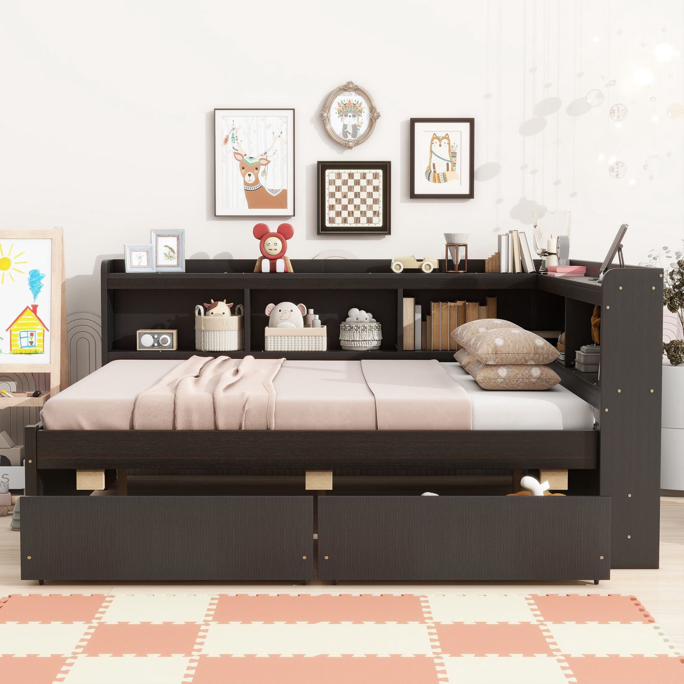 Noble House Full L-Shaped Bookcase Bed, Pine Wood Frame with Power Outlets, Storage Drawers & Headboard Shelves, Espresso
