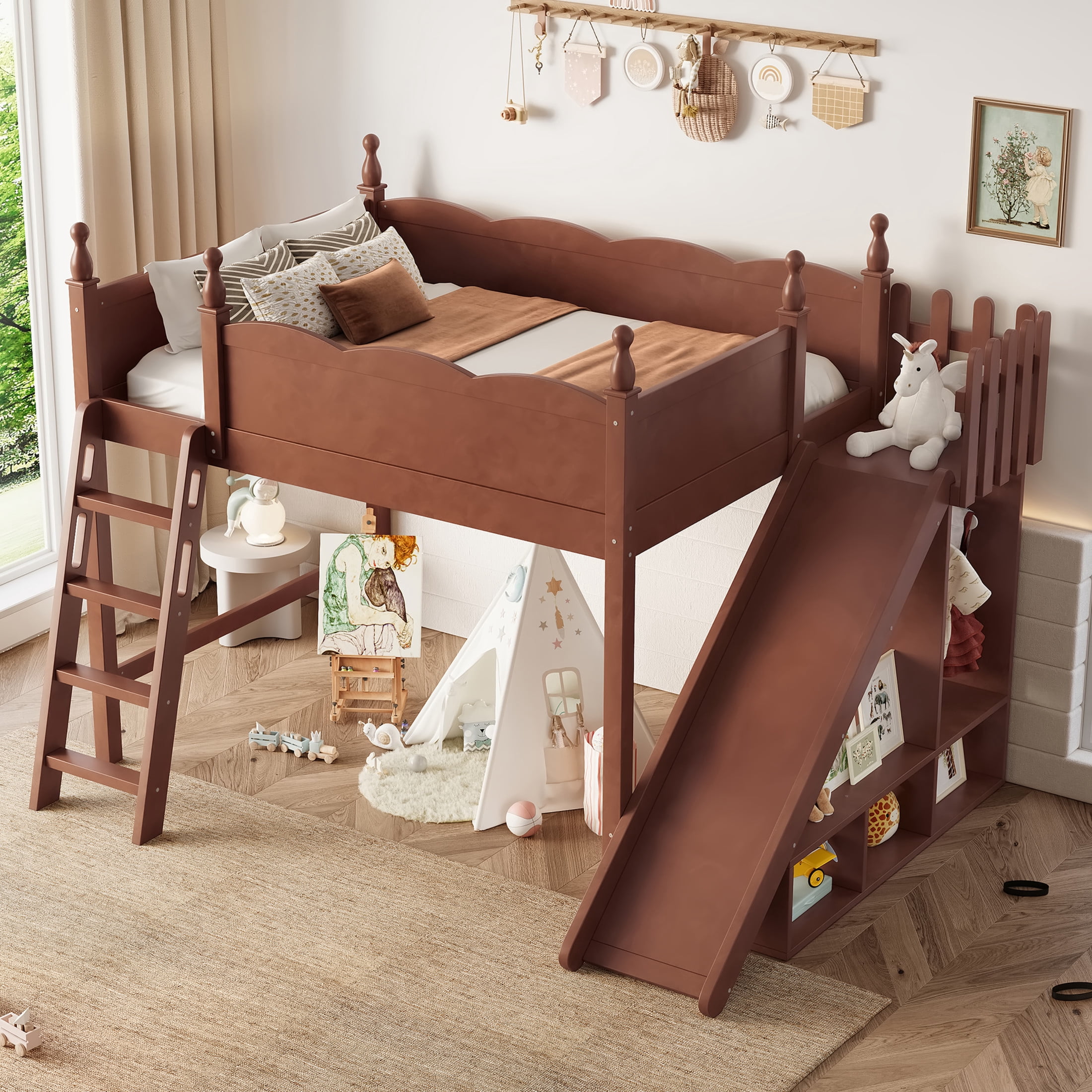 Noble House Full Loft Bed with Storage Shelves, Detachable Slide and Ladder, Antique Natural