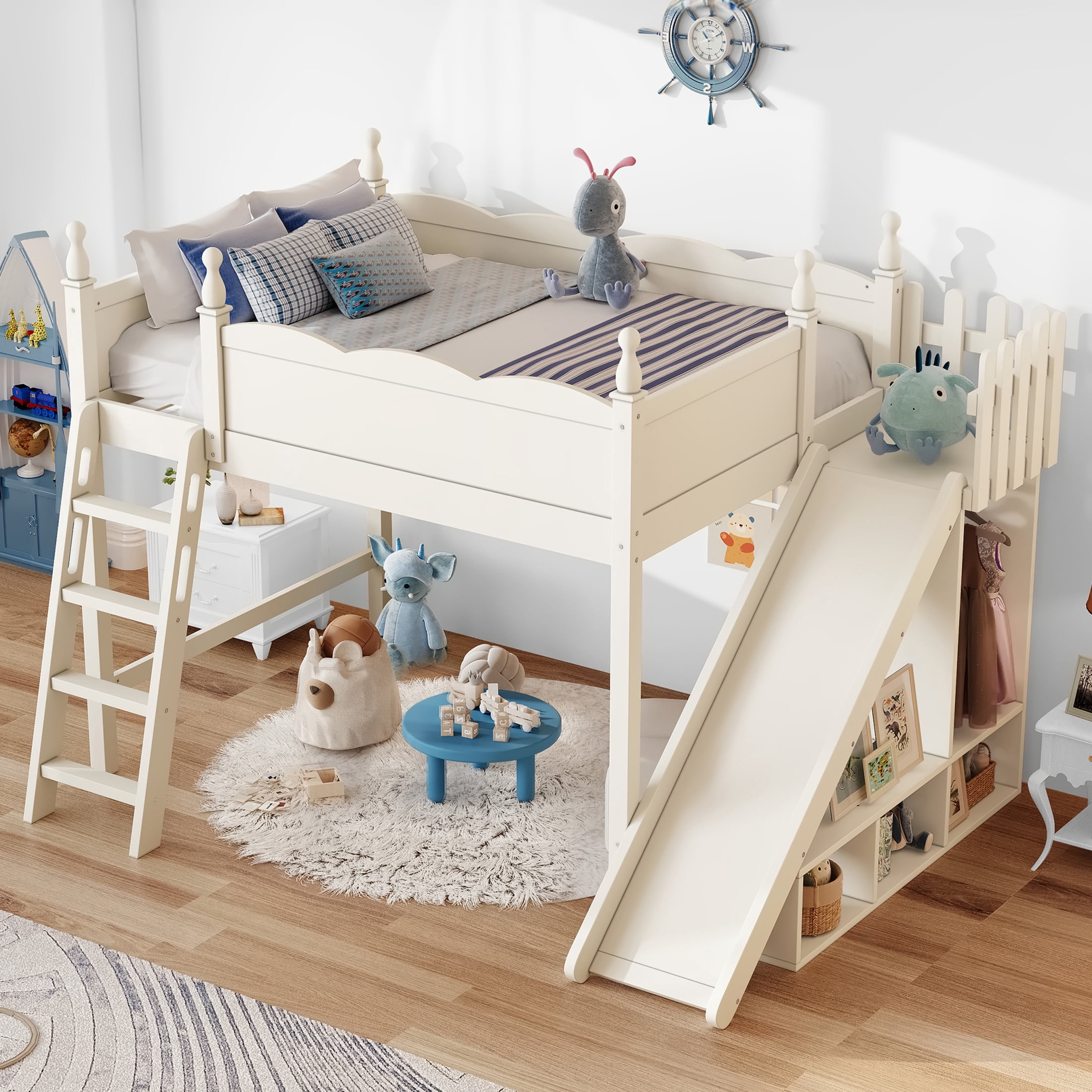Noble House Full Loft Bed with Storage Shelves, Detachable Slide and Ladder, Beige