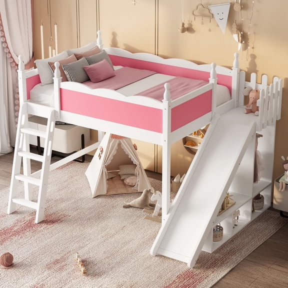 Noble House Full Loft Bed with Storage Shelves, Detachable Slide and Ladder, White + Pink