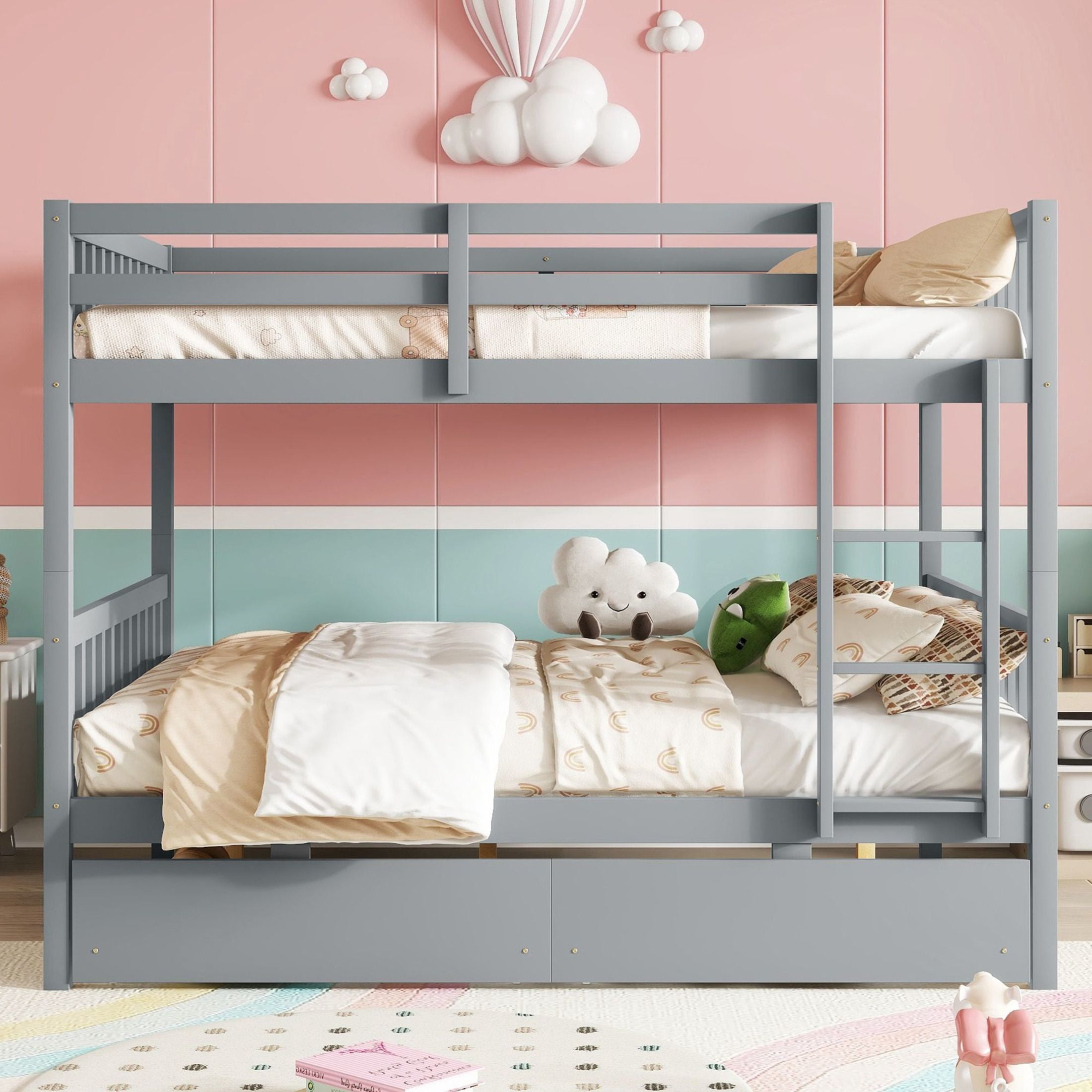 Noble House Full Over Full Rubber Wood Bunk Bed, Convertible Design with 2 Storage Drawers, Guardrails & Ladder, Grey