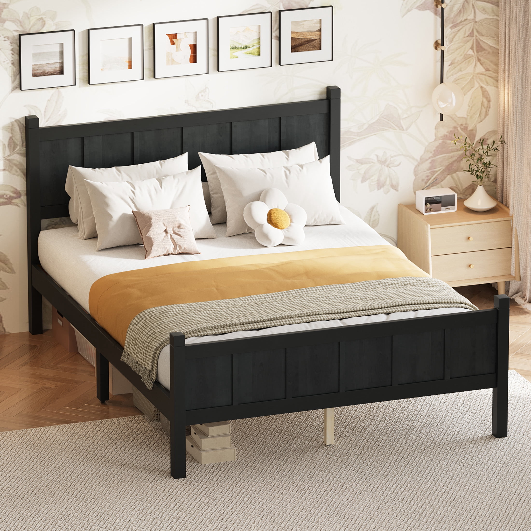Noble House Full Platform Bed with Headboard and Footboard, Wood Frame, Black