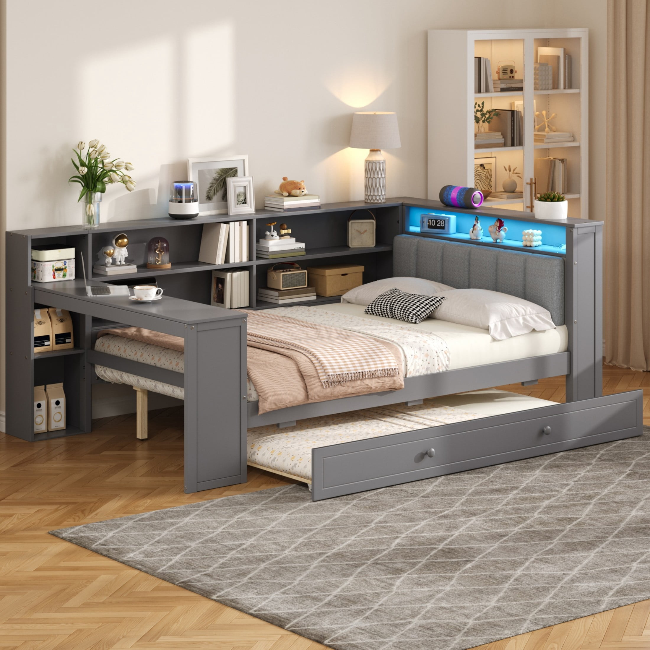 Noble House Full Platform Bed with Storage Shelves and Trundle, LED Desk and Integrated USB, Upholstered Headboard, Gray