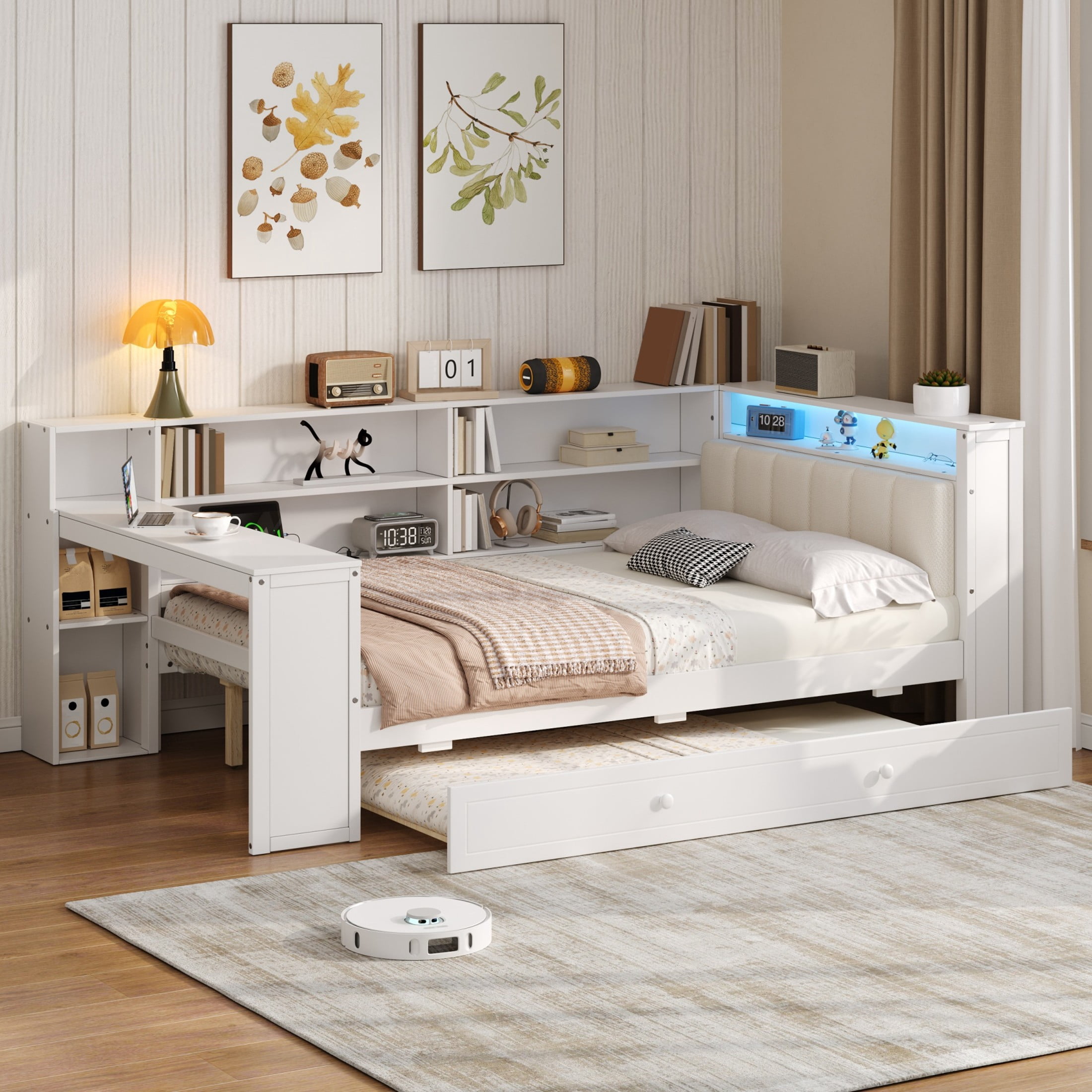 Noble House Full Platform Bed with Storage Shelves and Trundle, LED Desk and Integrated USB, Upholstered Headboard, White
